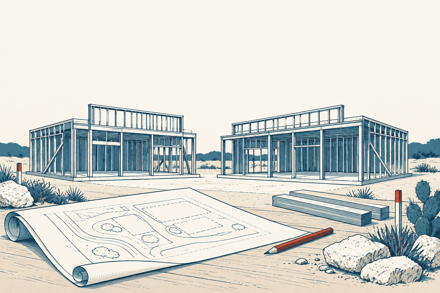 Airy cream, navy and muted-blue illustration of two wood-framed retail buildings under construction, with a rolled site plan, red pencil and lumber in the foreground.