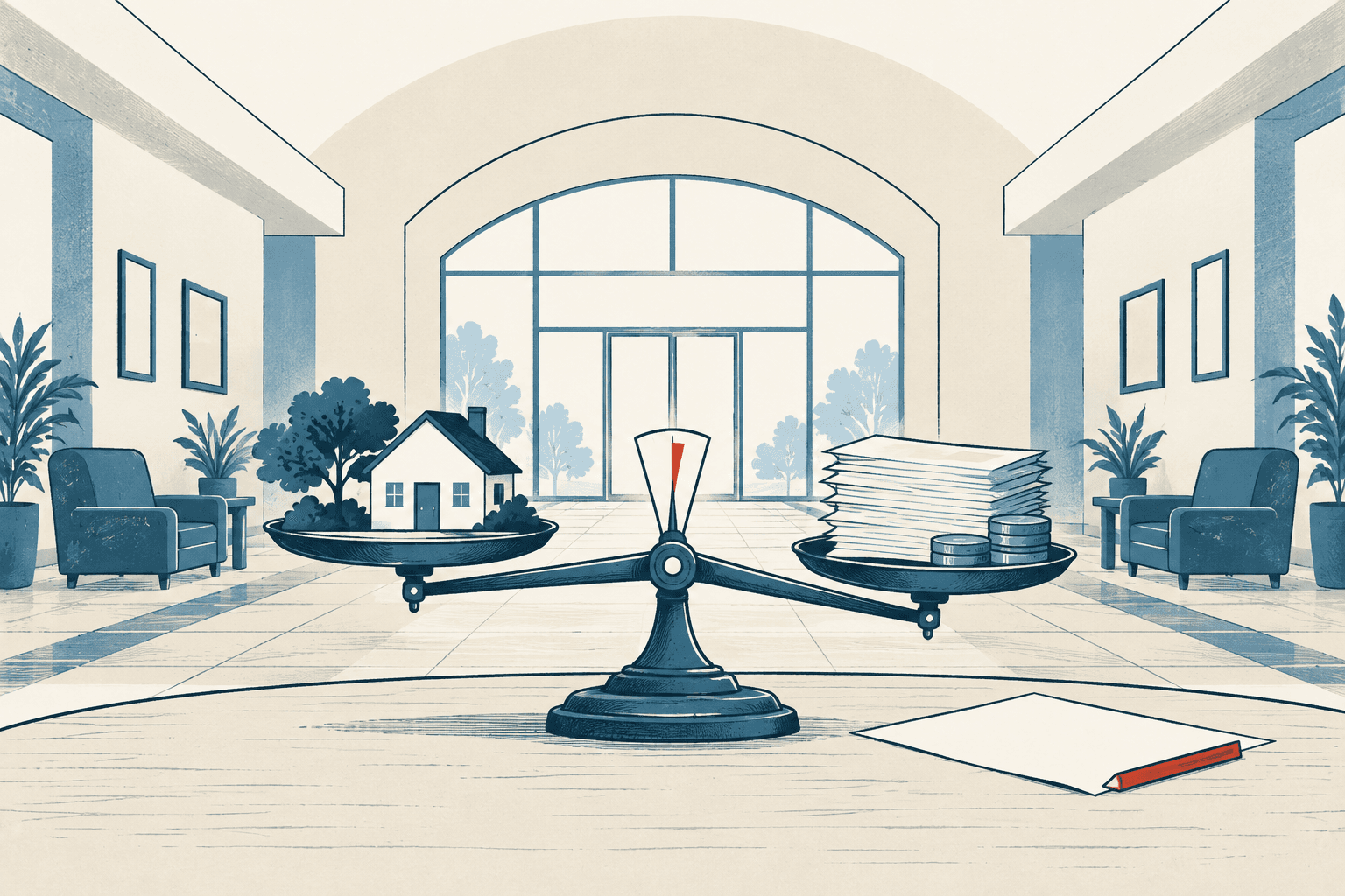An illustrated balance scale weighs a small house and landscaping against a stack of papers and coins in an airy municipal building.