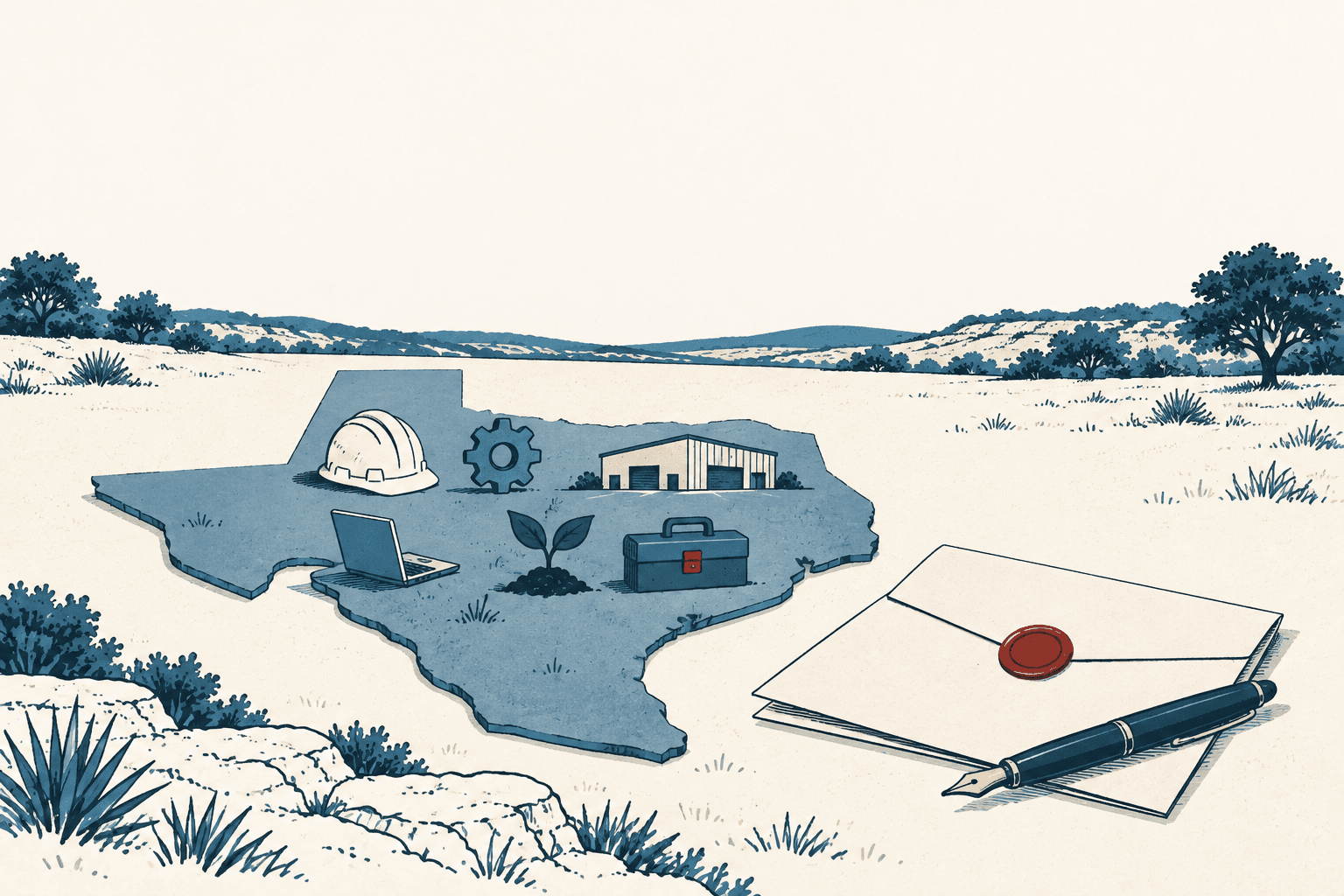 Stylized map of Texas with a hard hat, gear, warehouse, laptop, sprout and toolbox beside a sealed envelope and pen.