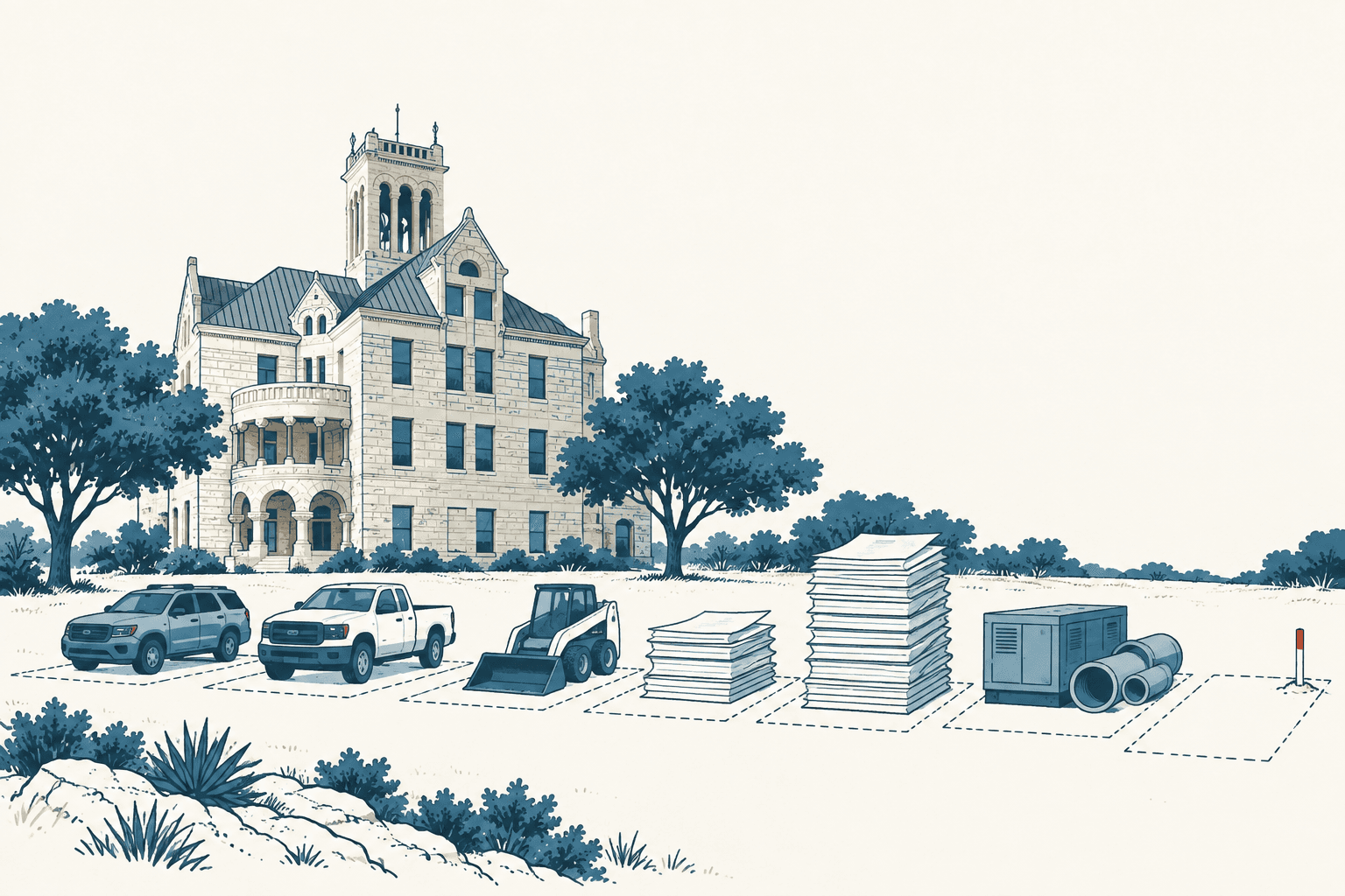 Editorial illustration of a historic county courthouse behind outlined budget items, including two vehicles, a loader, stacks of paper, utility equipment and an empty parcel.