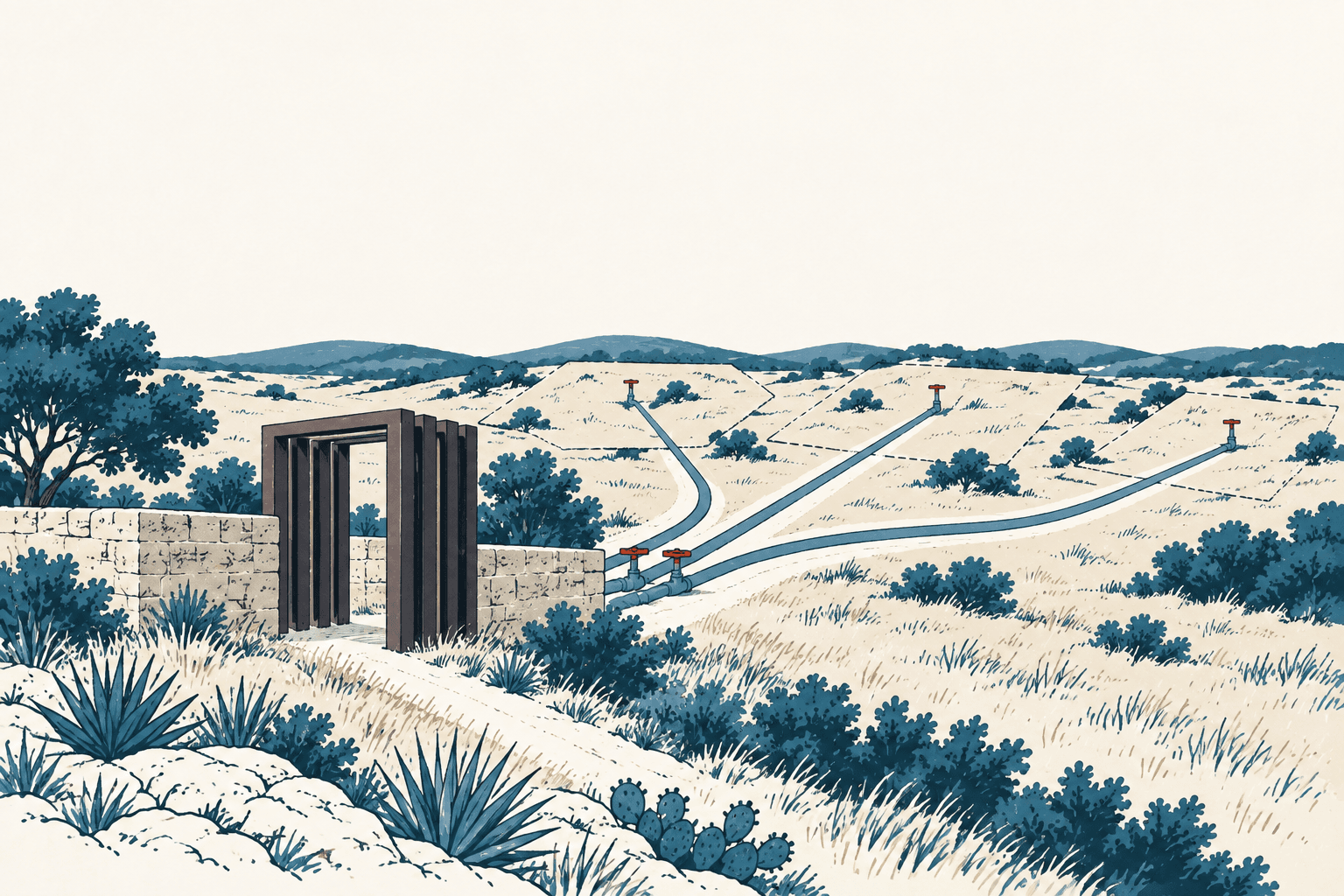 Stylized cream and muted-blue illustration of water pipes and red-handled valves running across undeveloped Hill Country land beside a stone entrance structure, shrubs, cactus and distant hills.