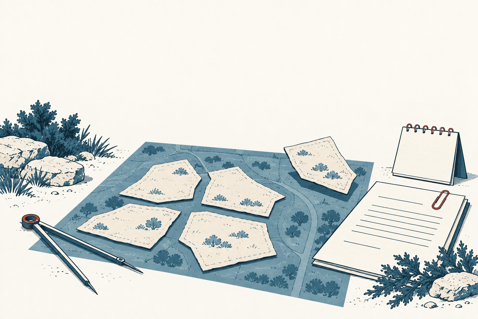 Stylized cream, navy and muted-blue illustration of five parcel shapes on a site map, with a compass, notepad and calendar.