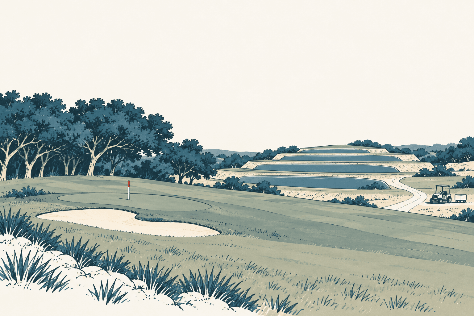Airy cream, navy and muted-blue illustration of a golf course overlooking a low terraced development among trees and rolling hills.