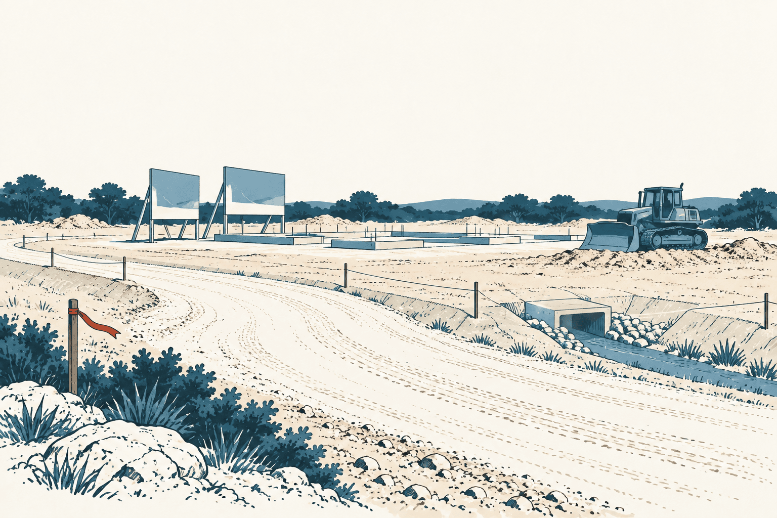 Airy cream and muted-blue illustration of a graded construction site with concrete foundations, roadside drainage, survey markers and a bulldozer.