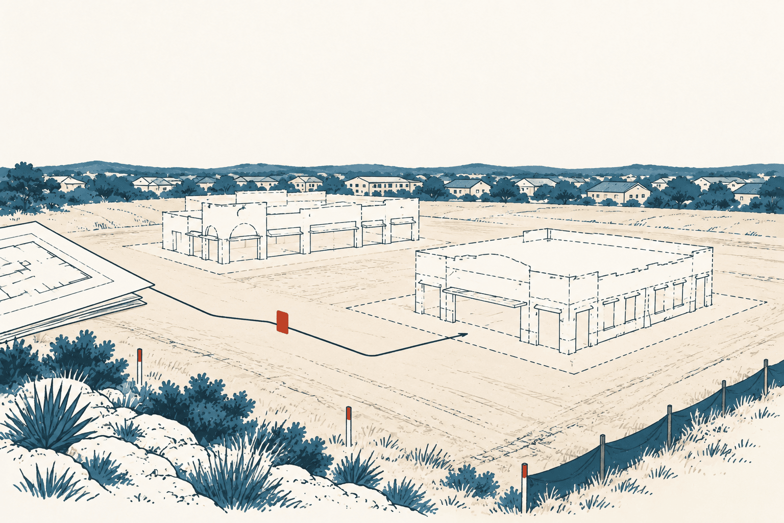 Airy cream and navy illustration of two proposed retail buildings on an undeveloped site, with architectural plans in the foreground and homes in the distance.