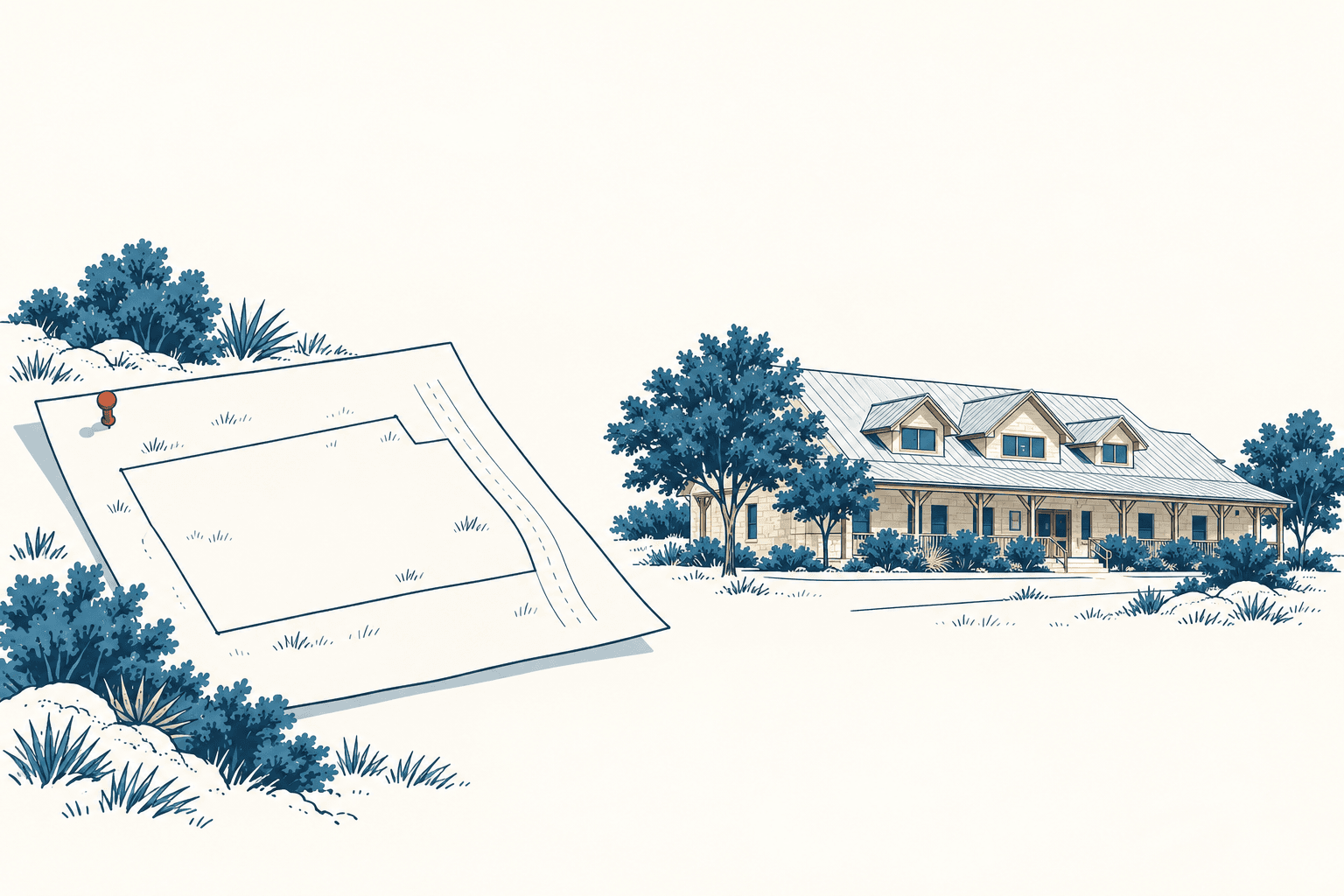 An outlined land parcel with a small marker sits beside a rural building, trees, and shrubs in cream and blue tones.