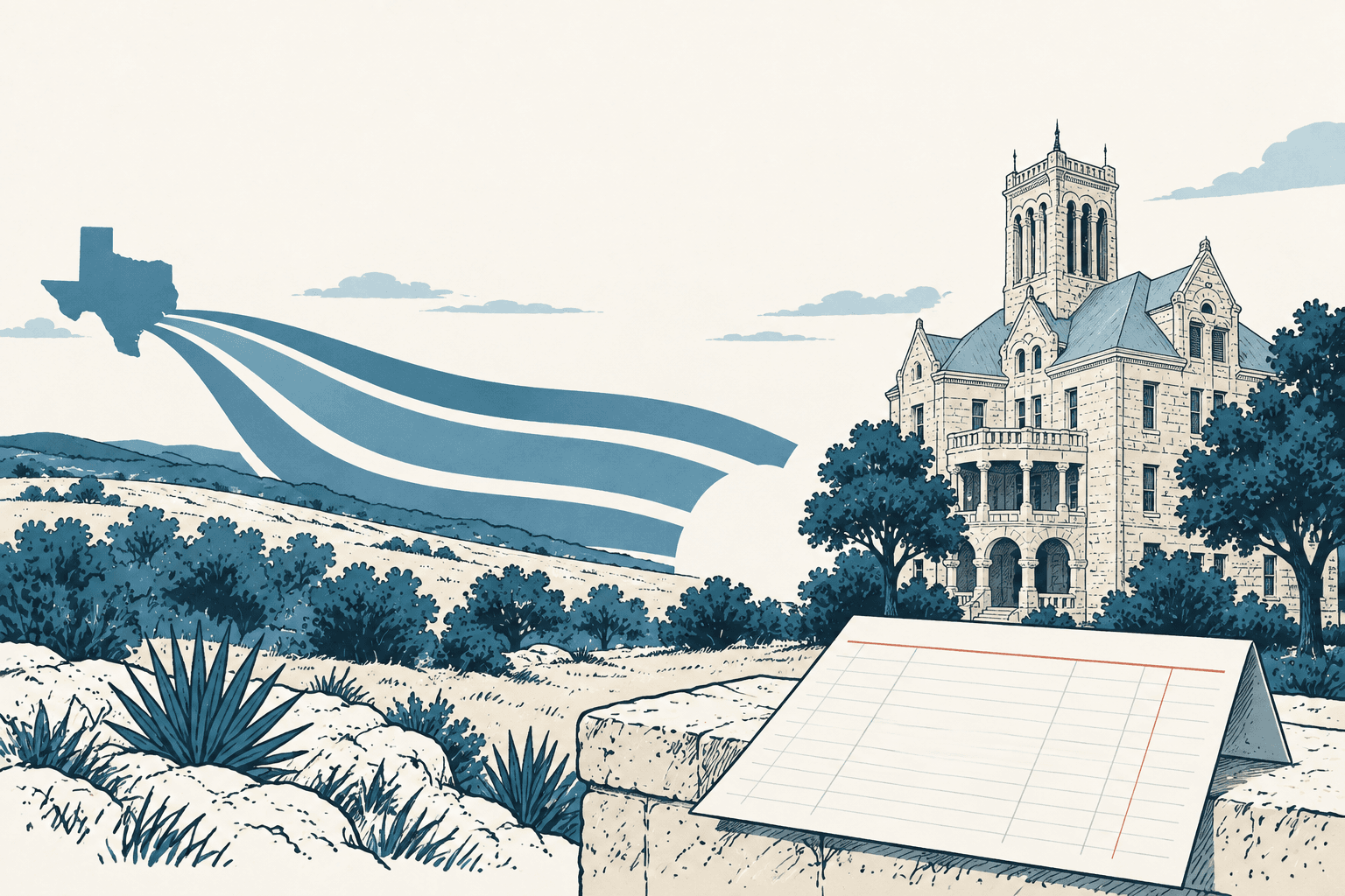 Blue bands flow from a Texas silhouette toward a stone courthouse, with a blank ledger in the foreground.
