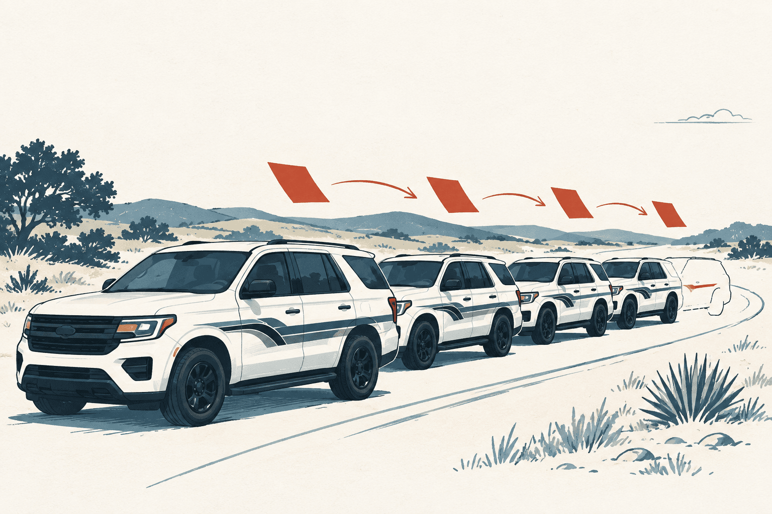 Hand-drawn editorial illustration of five white patrol SUVs lined up on a winding rural road, with rust-colored shapes and arrows suggesting a funding transfer.