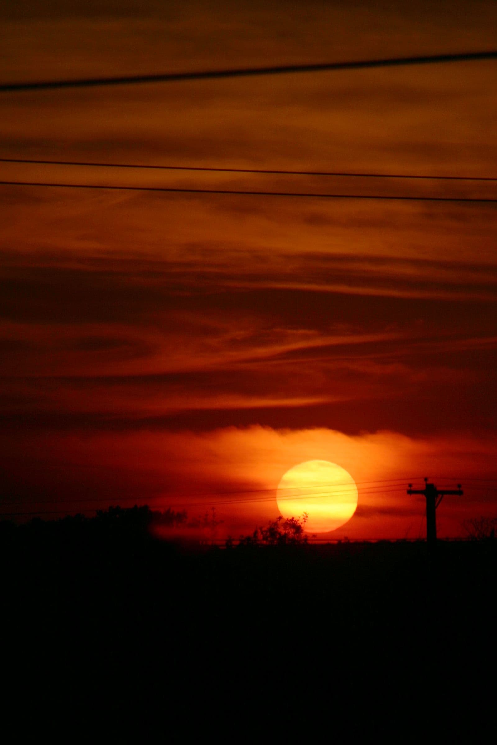 A large pale yellow sun sitting on the horizon, partly crossed by power lines, beneath a sky streaked in deep orange and red. A utility pole and low scrub stand in black silhouette along the skyline.