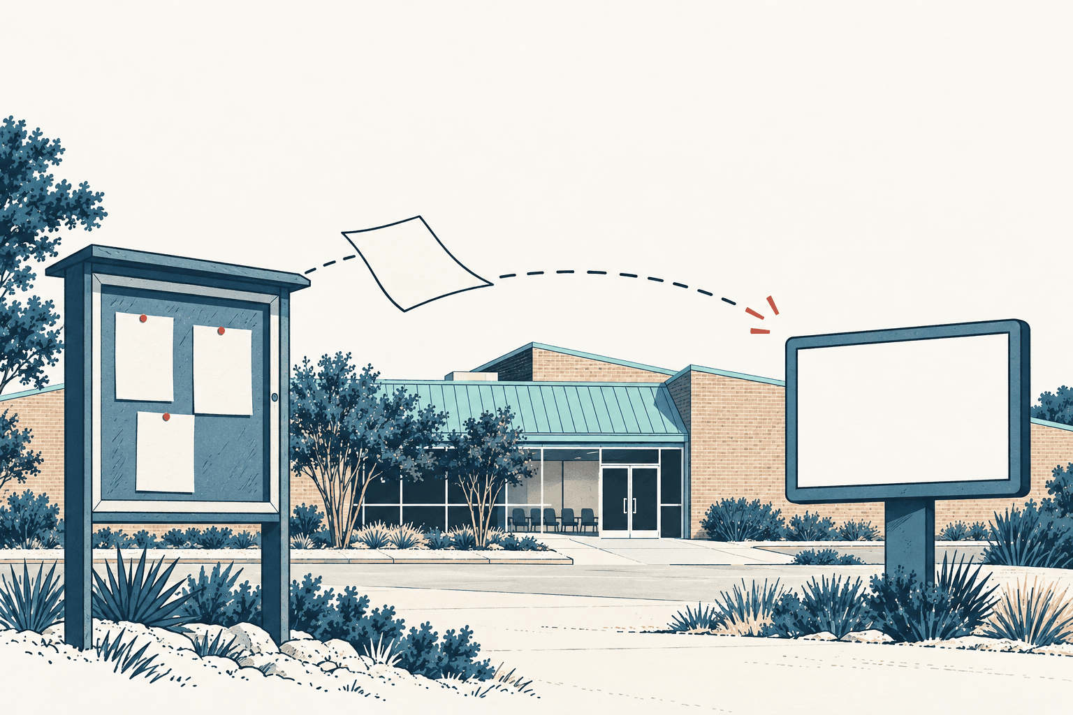 Stylized cream, navy and muted-blue illustration of a civic building between a paper-covered bulletin board and a blank digital sign, with a loose sheet following a dashed path overhead.
