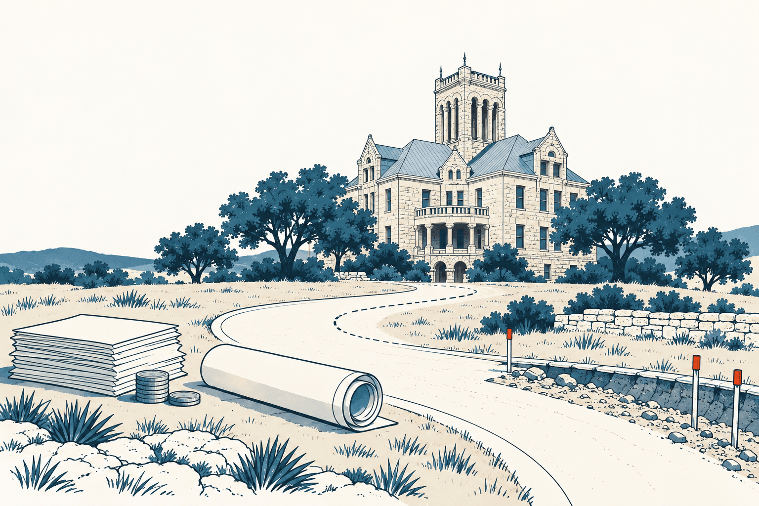 County government building beyond a winding road, with stacked papers, coins and a rolled construction plan in the foreground.