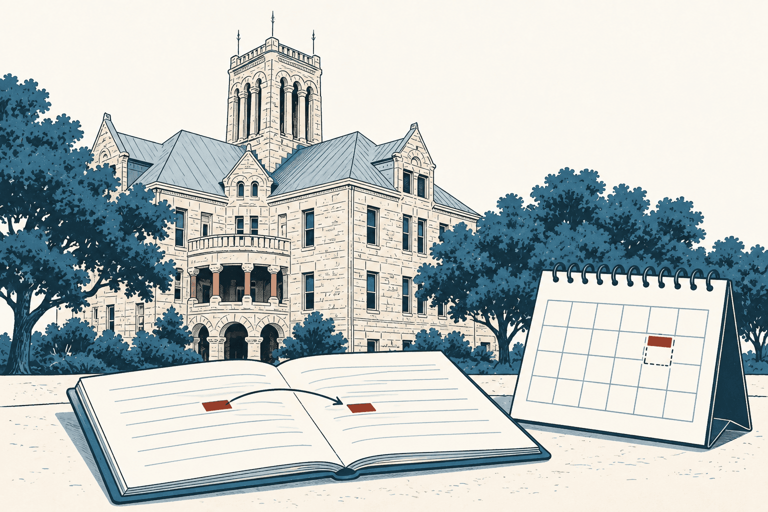 Stylized cream-and-navy illustration of a historic county building behind an open ledger and desk calendar, symbolizing a temporary budget administrator’s one-month extension.