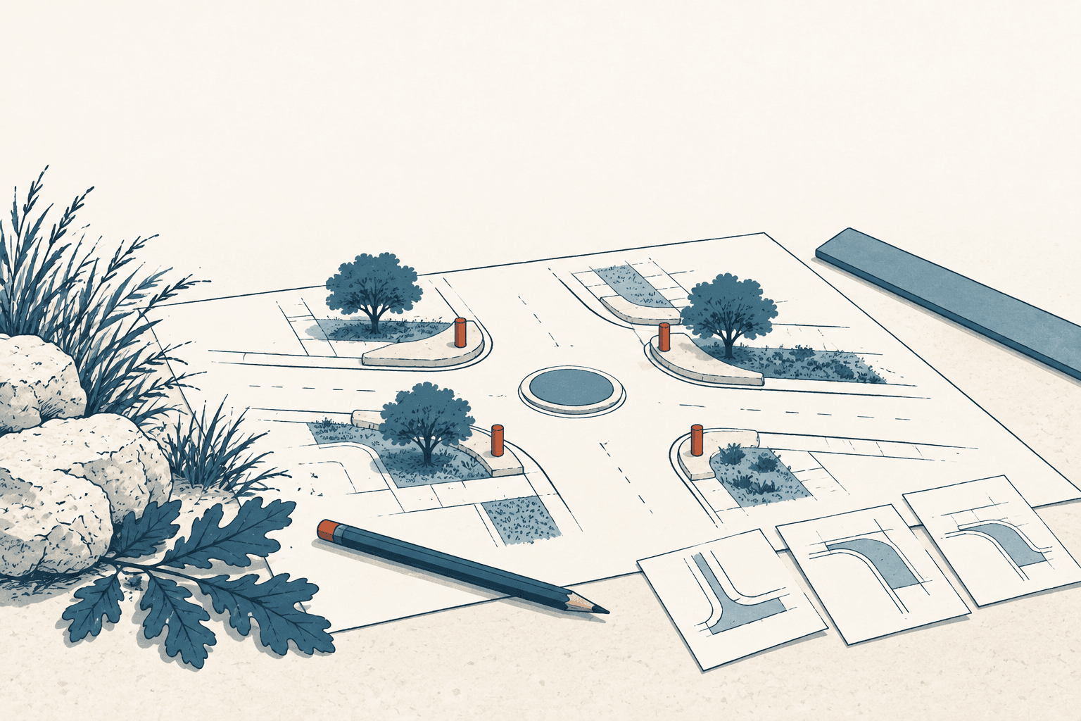 Architectural-style illustration of a traffic-calming street plan with four landscaped curb extensions, orange bollards, a circular center island, a pencil and design sketches.