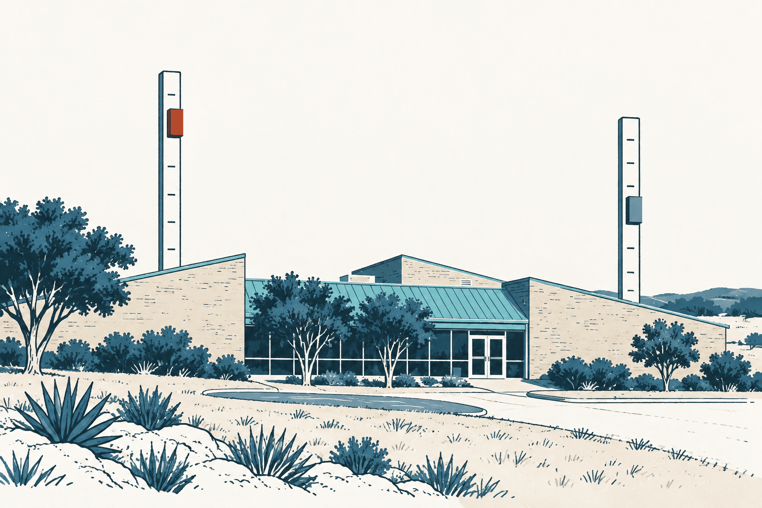 Stylized cream, navy and muted-blue illustration of a low municipal building surrounded by trees and drought-tolerant landscaping.