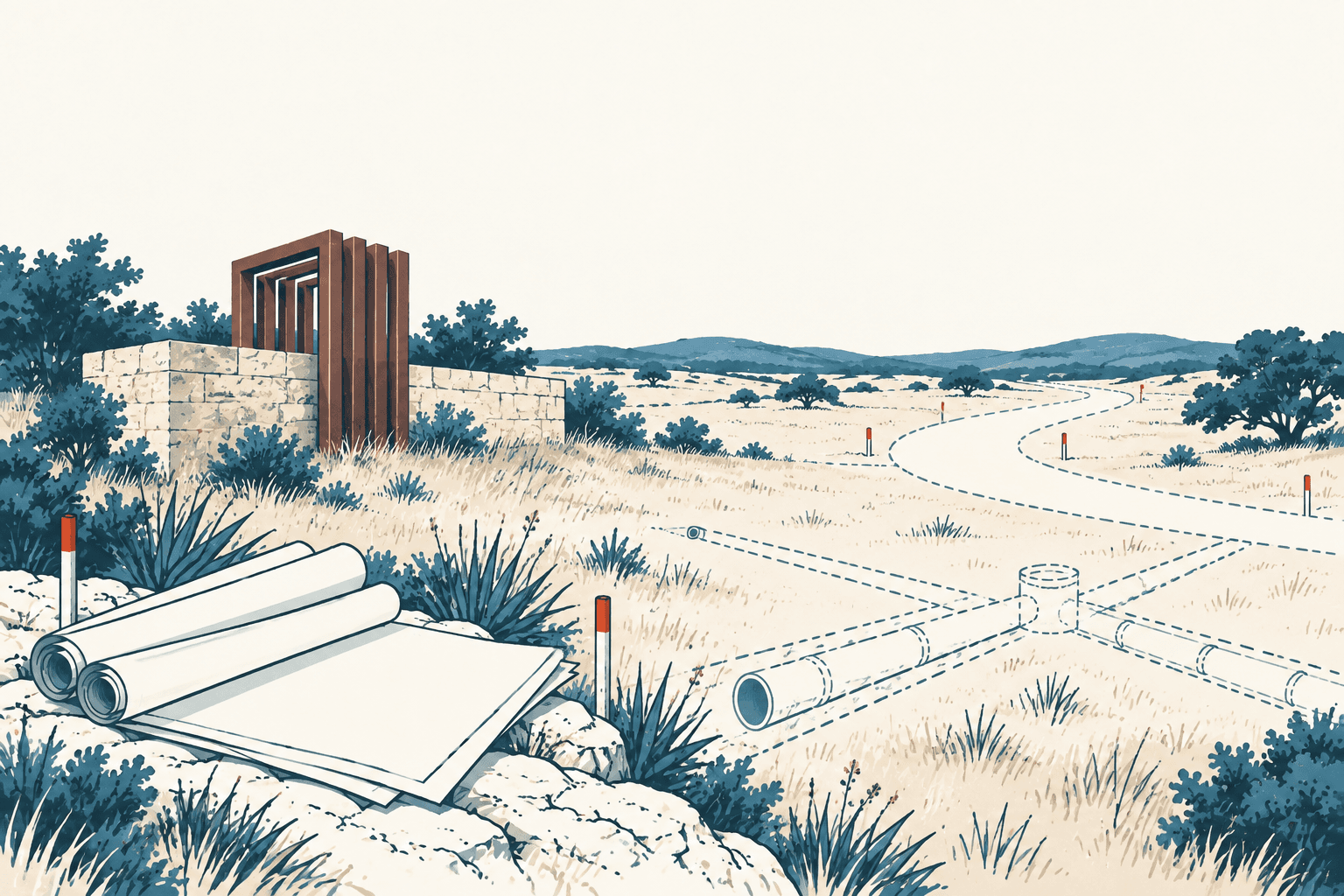 Editorial illustration of rolled construction plans beside a winding road and outlined utility pipes in an undeveloped Hill Country landscape.