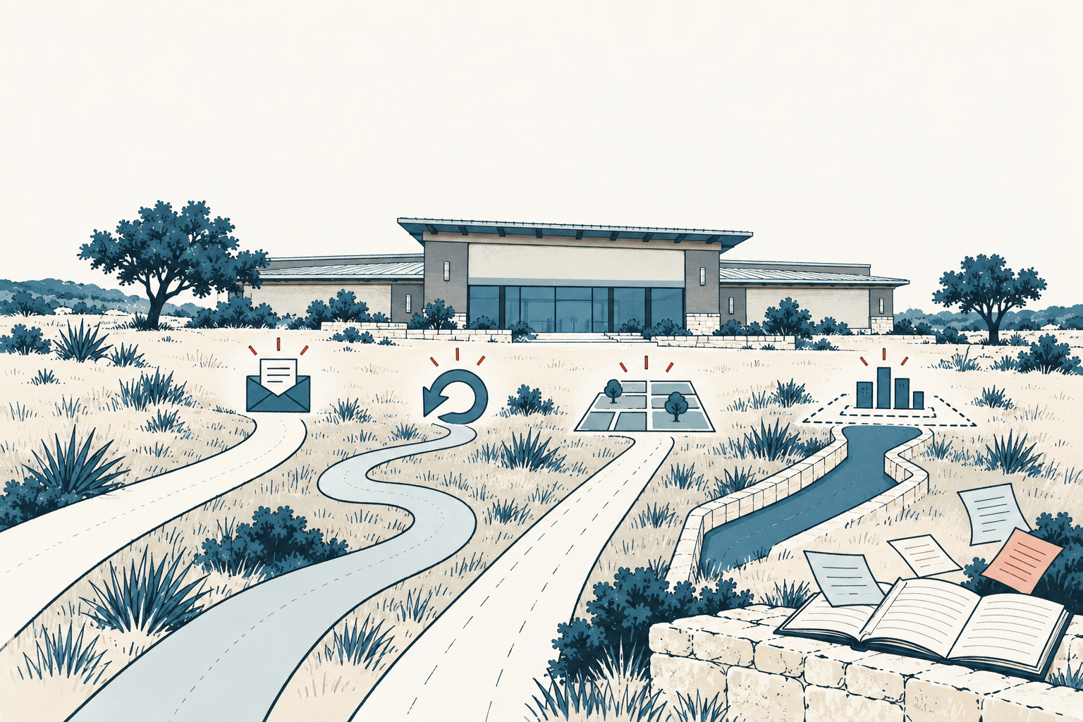 Airy cream, navy and muted-blue illustration of a civic building approached by separate winding paths, with symbols for correspondence, rebates, development, revenue and an open ledger.