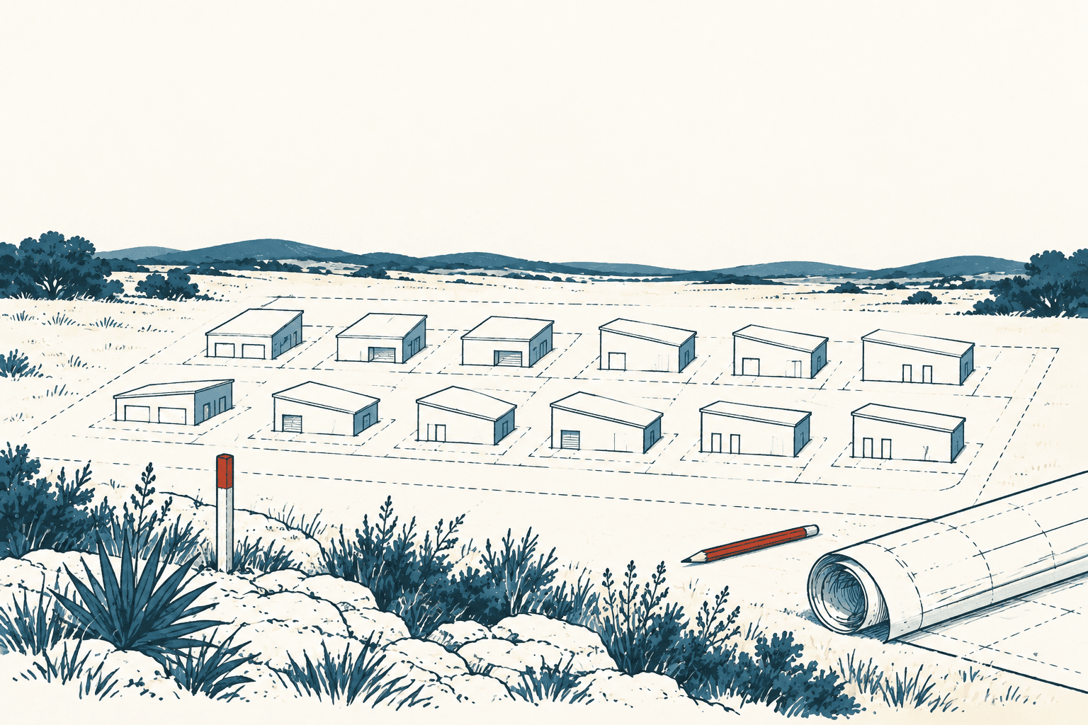 Architectural illustration of 12 small flex-space buildings arranged on a surveyed construction site, with rolled plans and a pencil in the foreground.