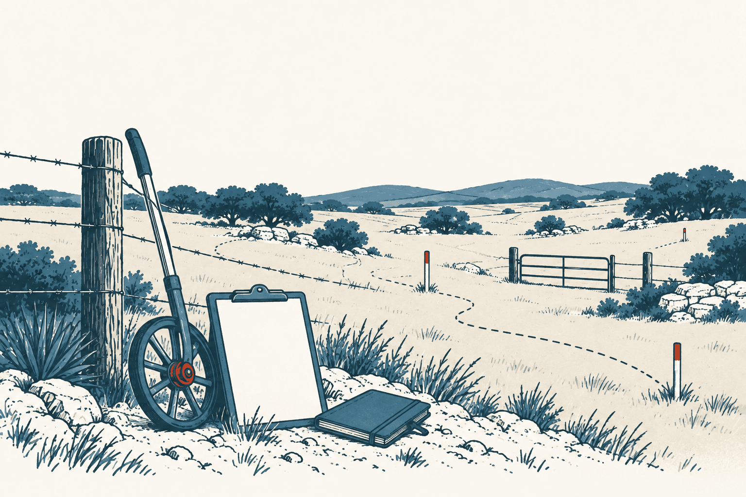 An illustrated measuring wheel, blank clipboard and notebook beside a fence in a rolling rural landscape.