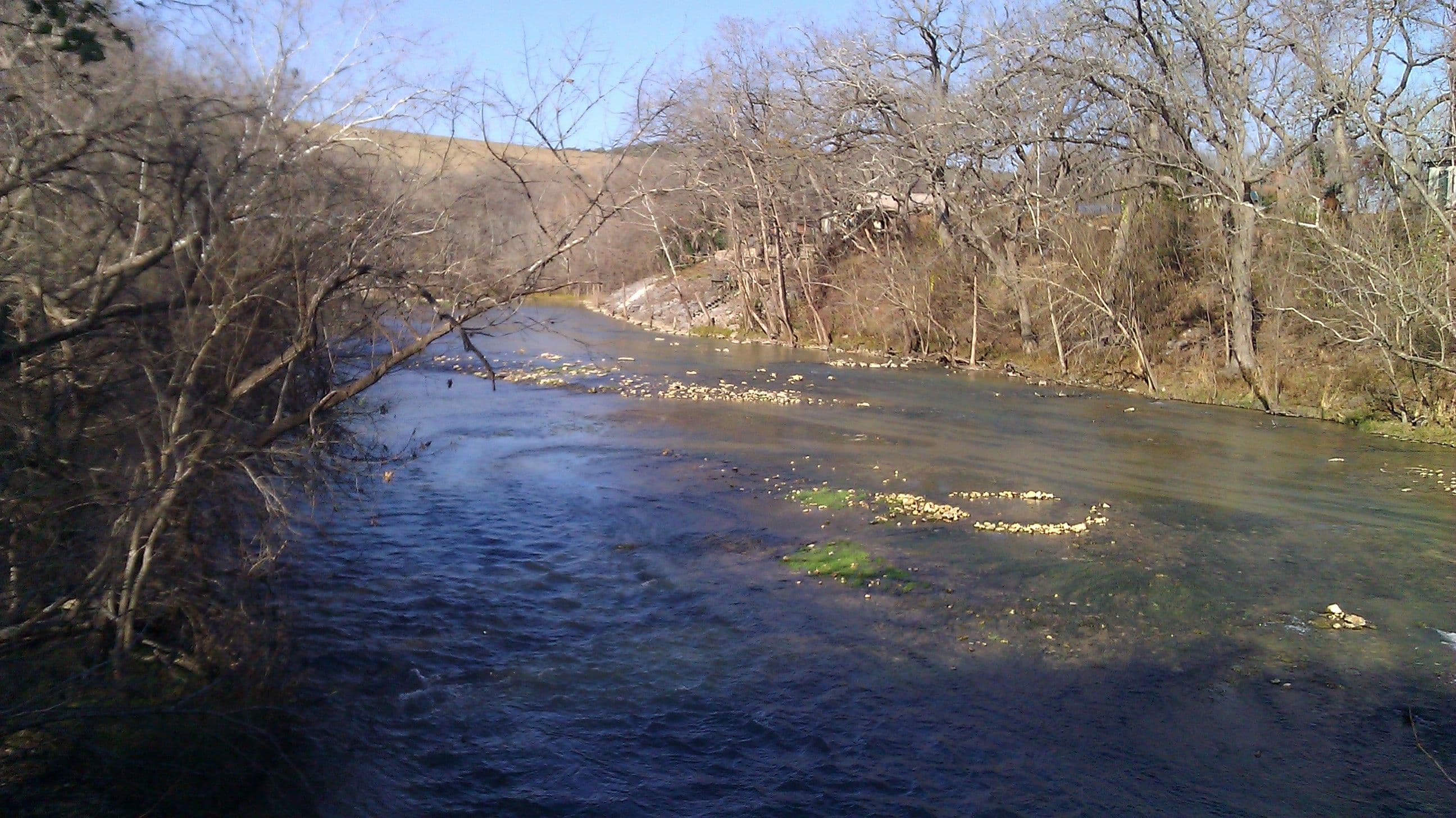 A river running through a wooded valley, with clear green water over a pale cobble bar in mid-channel, bare leaning trees on both banks, and the decks of riverside buildings showing through the trees on the right.