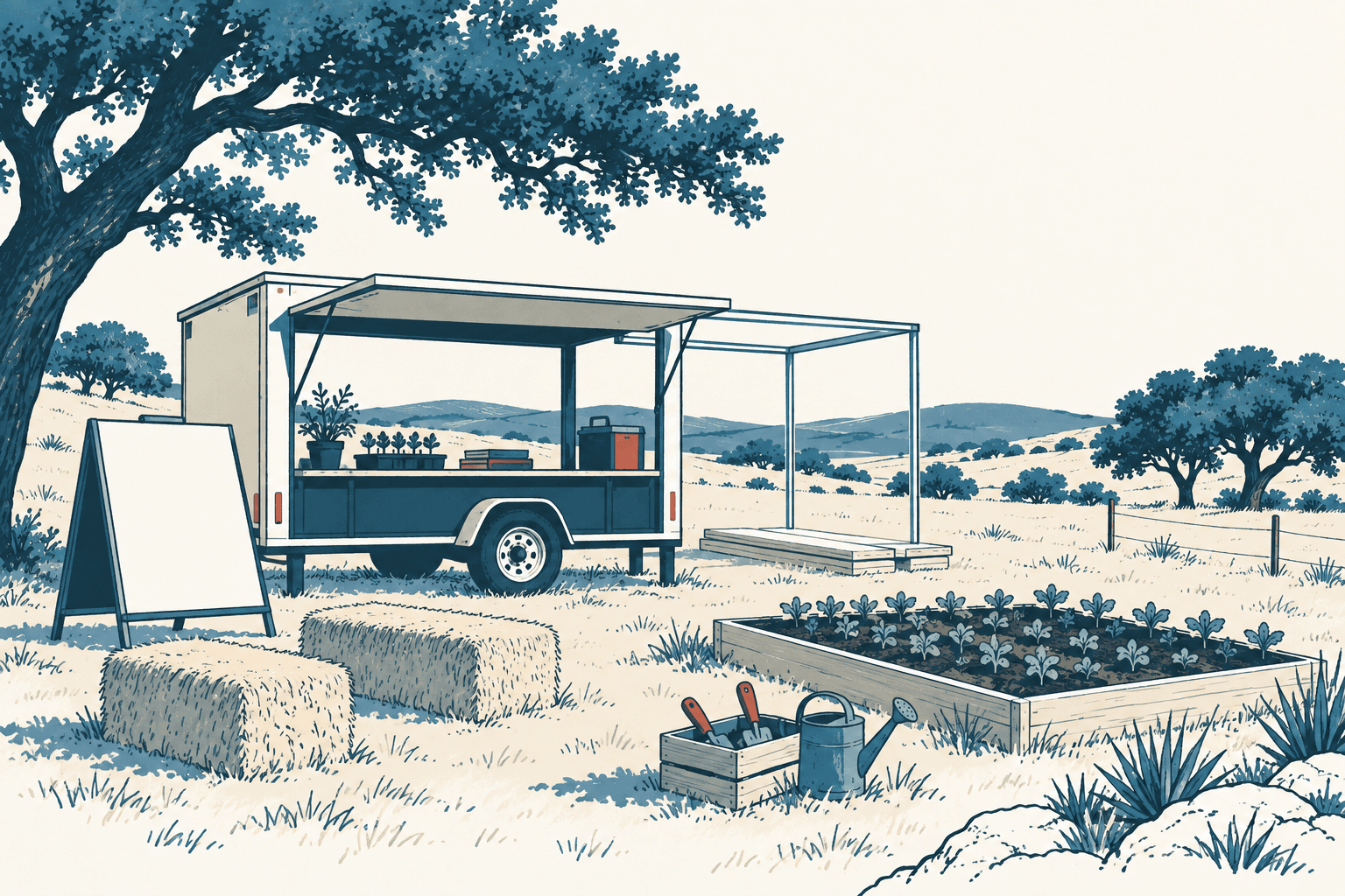Stylized cream and muted-blue illustration of an open farm-education trailer beside a raised garden bed, hay bales and gardening tools on a rural ranch.