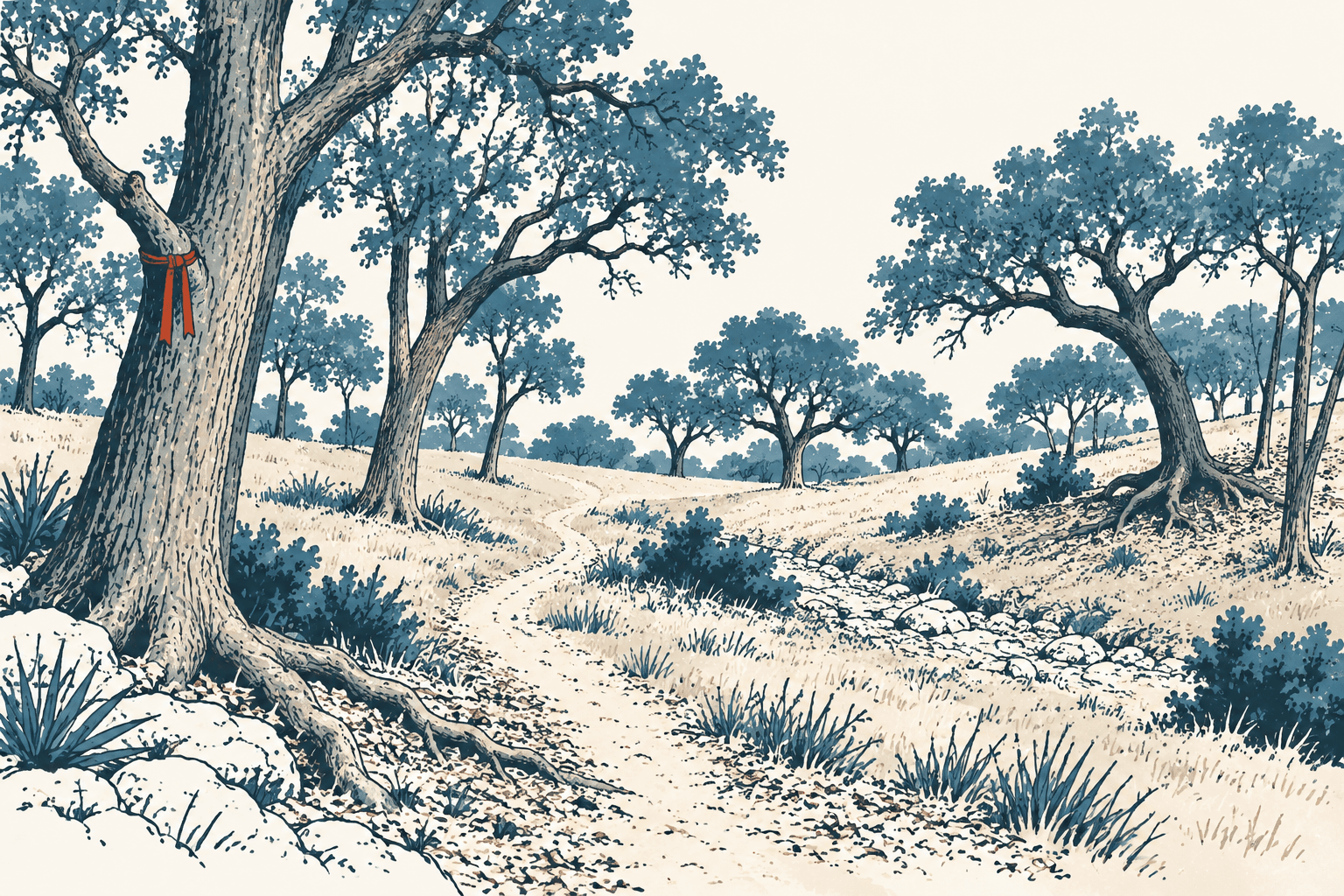 Stylized cream and muted-blue illustration of a rugged trail winding among oak trees, rocks, grasses and low shrubs.