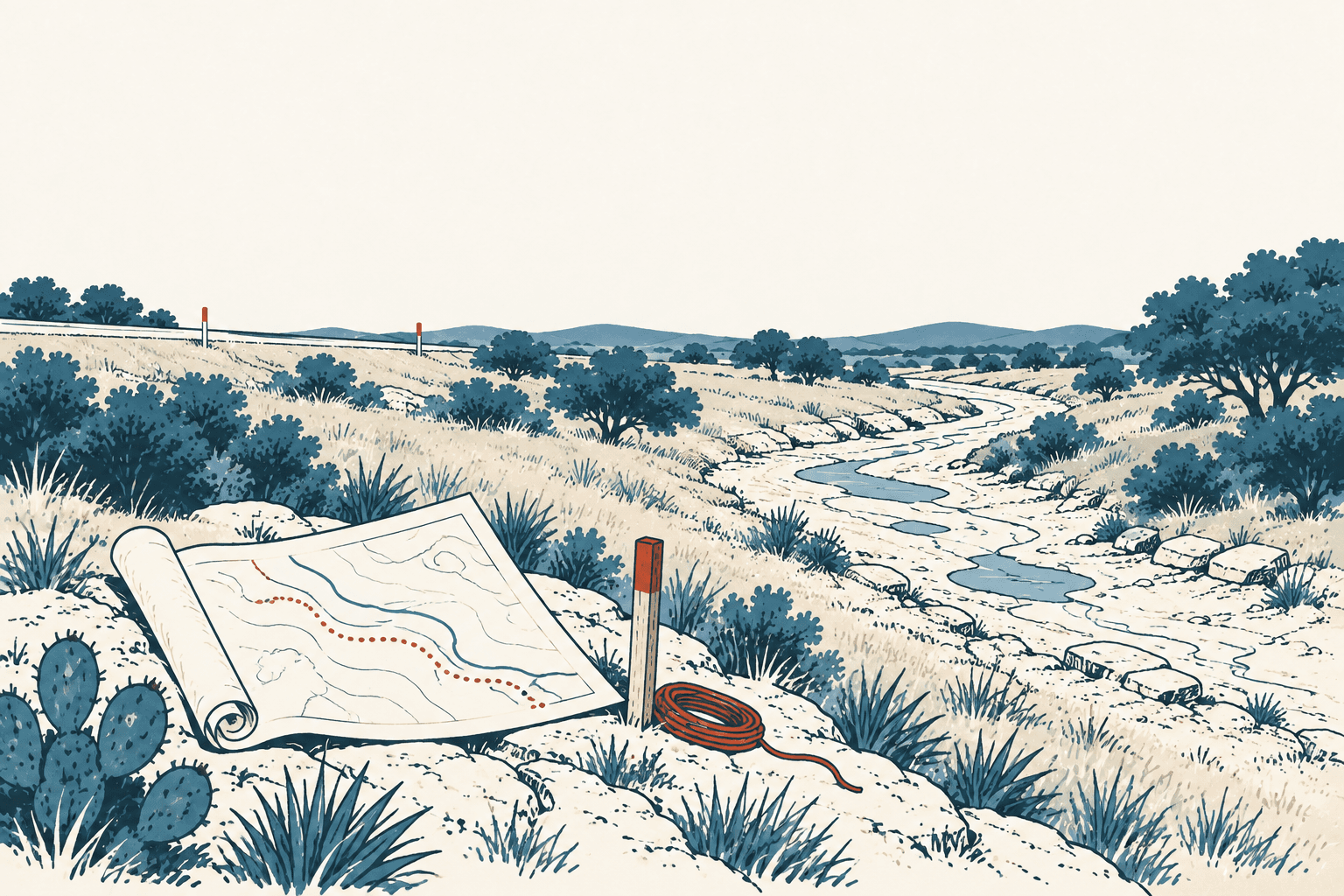 Stylized cream and muted-blue illustration of a dry, winding creek amid scrub and grasses, with a rolled survey map, boundary stake and measuring cord in the foreground.