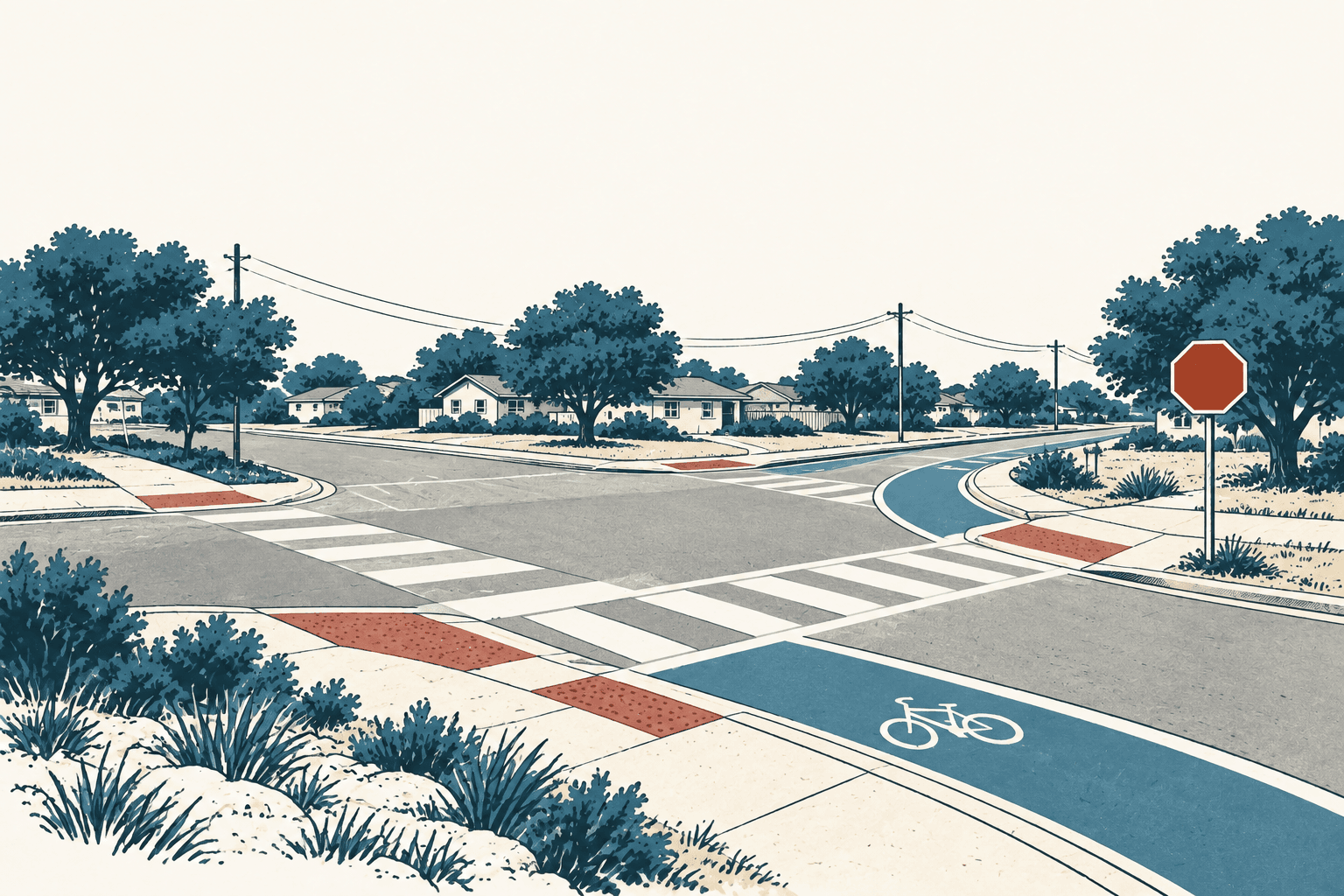Airy cream, navy and muted-blue illustration of a residential intersection with crosswalks, curb ramps, a blue bike lane and a red stop sign, with houses and trees in the background.