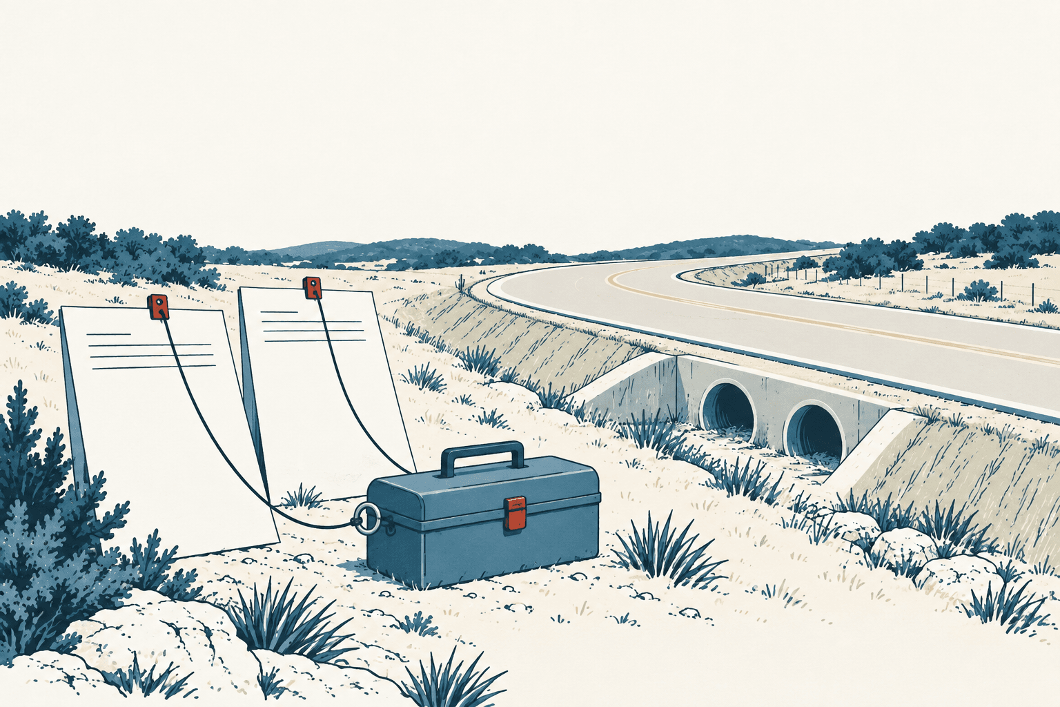Editorial illustration of a rural road crossing a concrete drainage culvert, with two secured documents and a lockbox in the foreground.