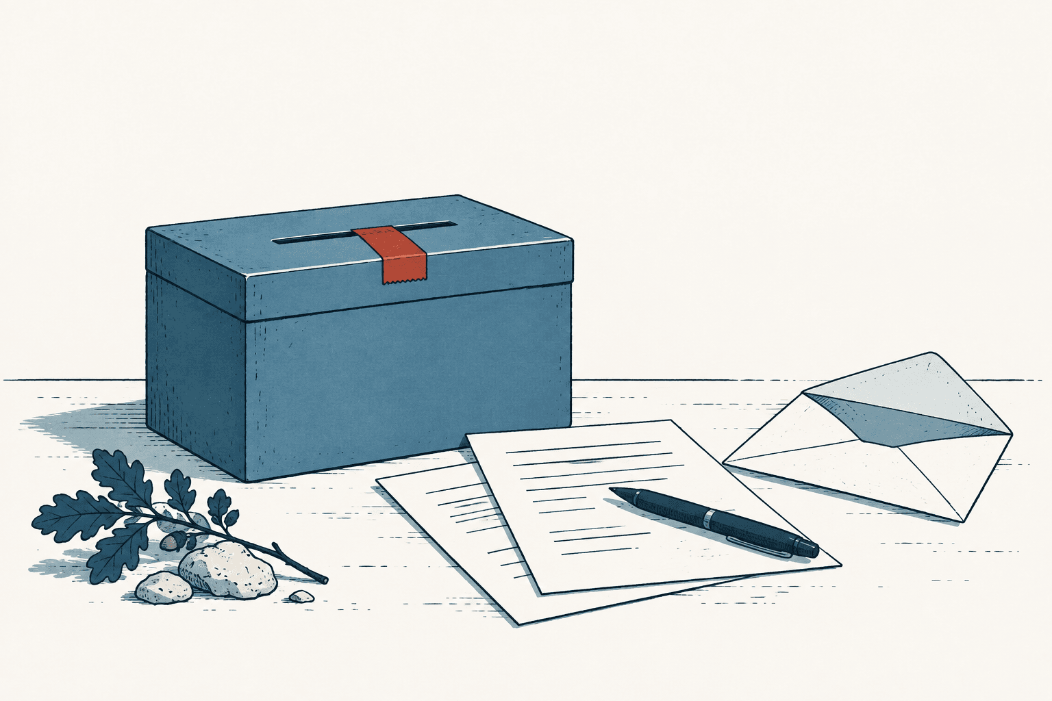 Stylized blue ballot box beside official-looking papers, a pen and an open envelope on a cream background.