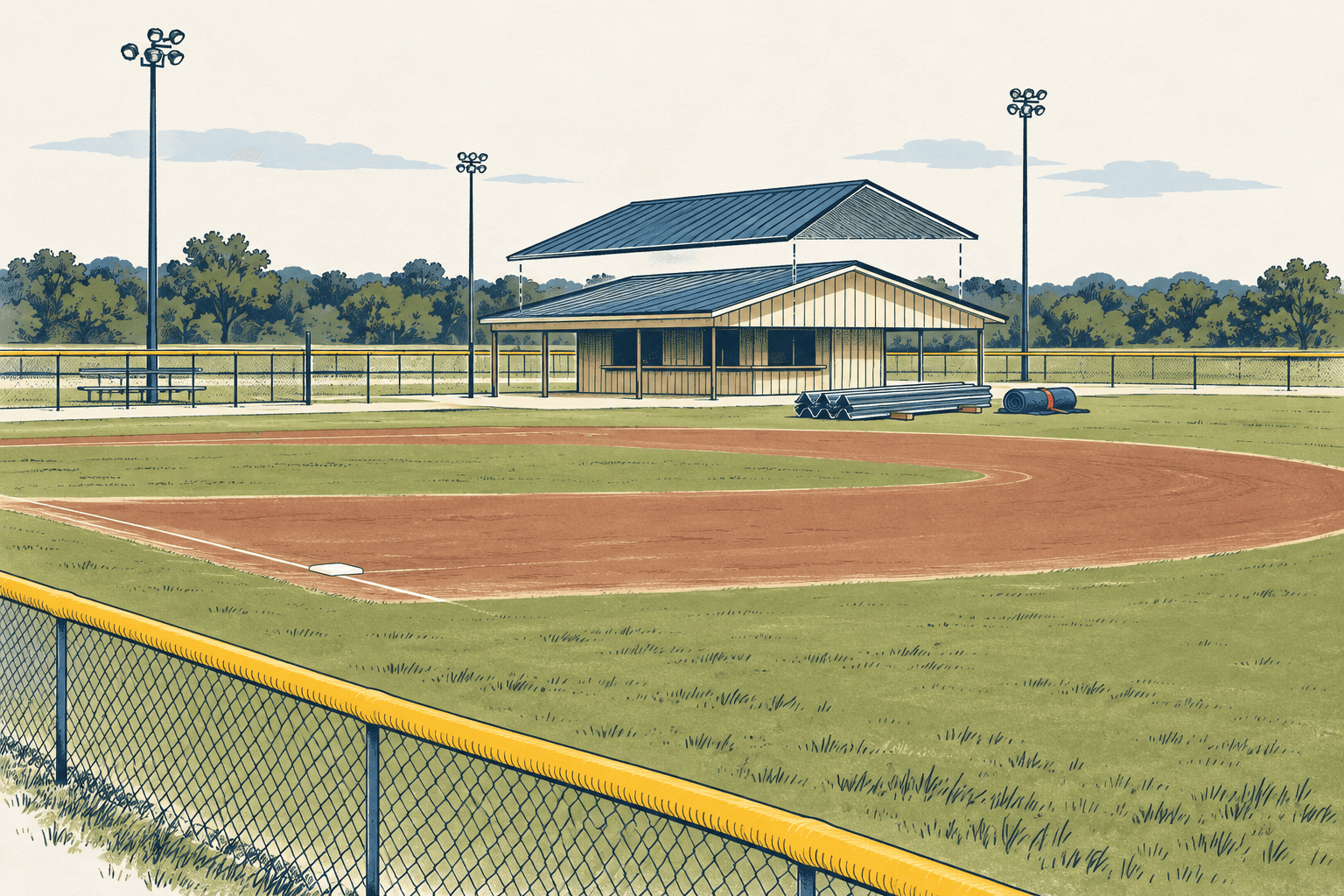 Hand-drawn illustration of a sports park concession stand receiving a blue metal roof beside an empty running track and fenced field.