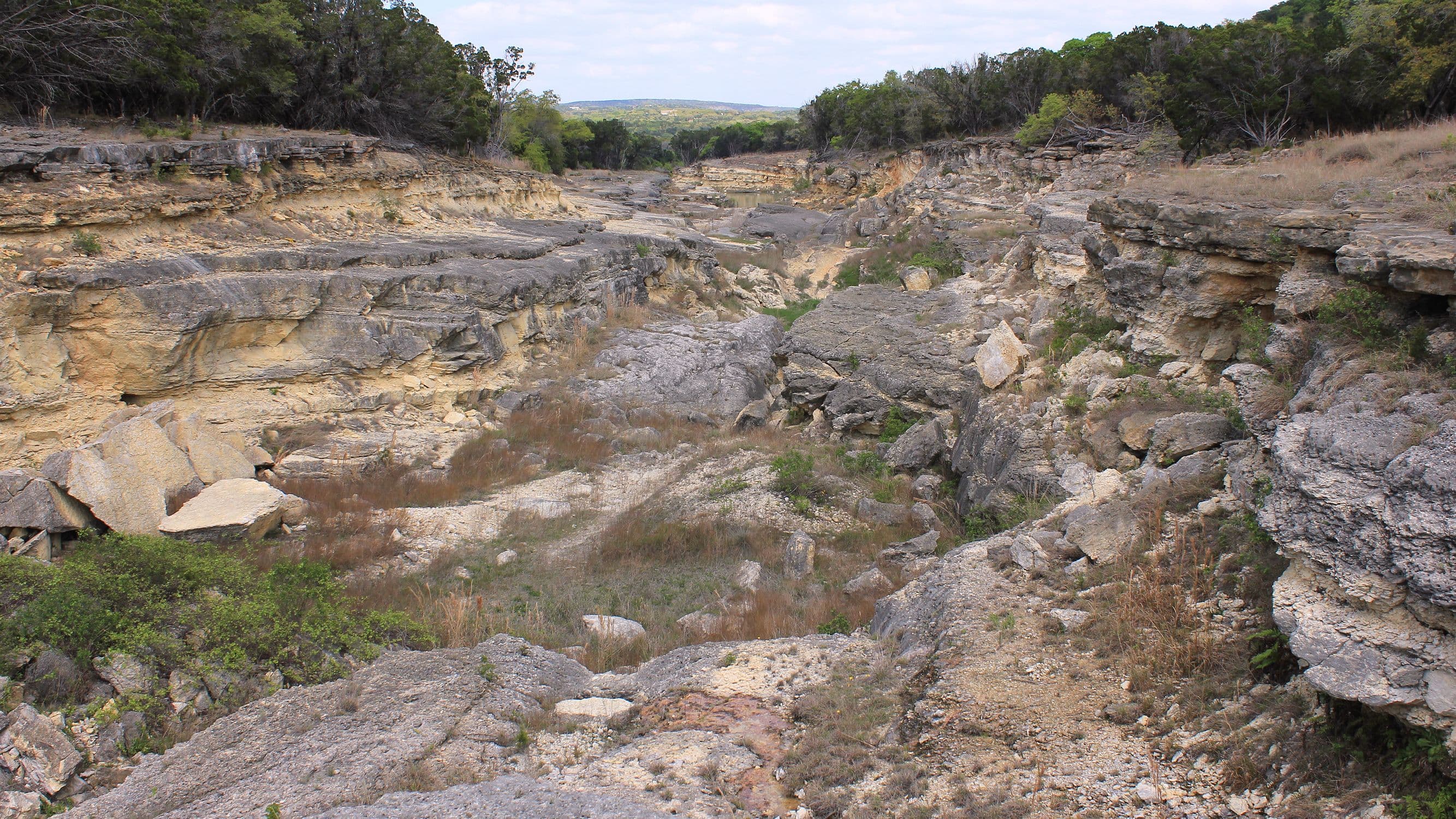 A dry rocky gorge seen from its rim, with stepped horizontal ledges of pale tan and grey limestone forming both walls and large loose slabs across the floor. Dry grass and low shrubs grow between the rocks, trees line the rims, and wooded hills are visible on the horizon under a pale sky.