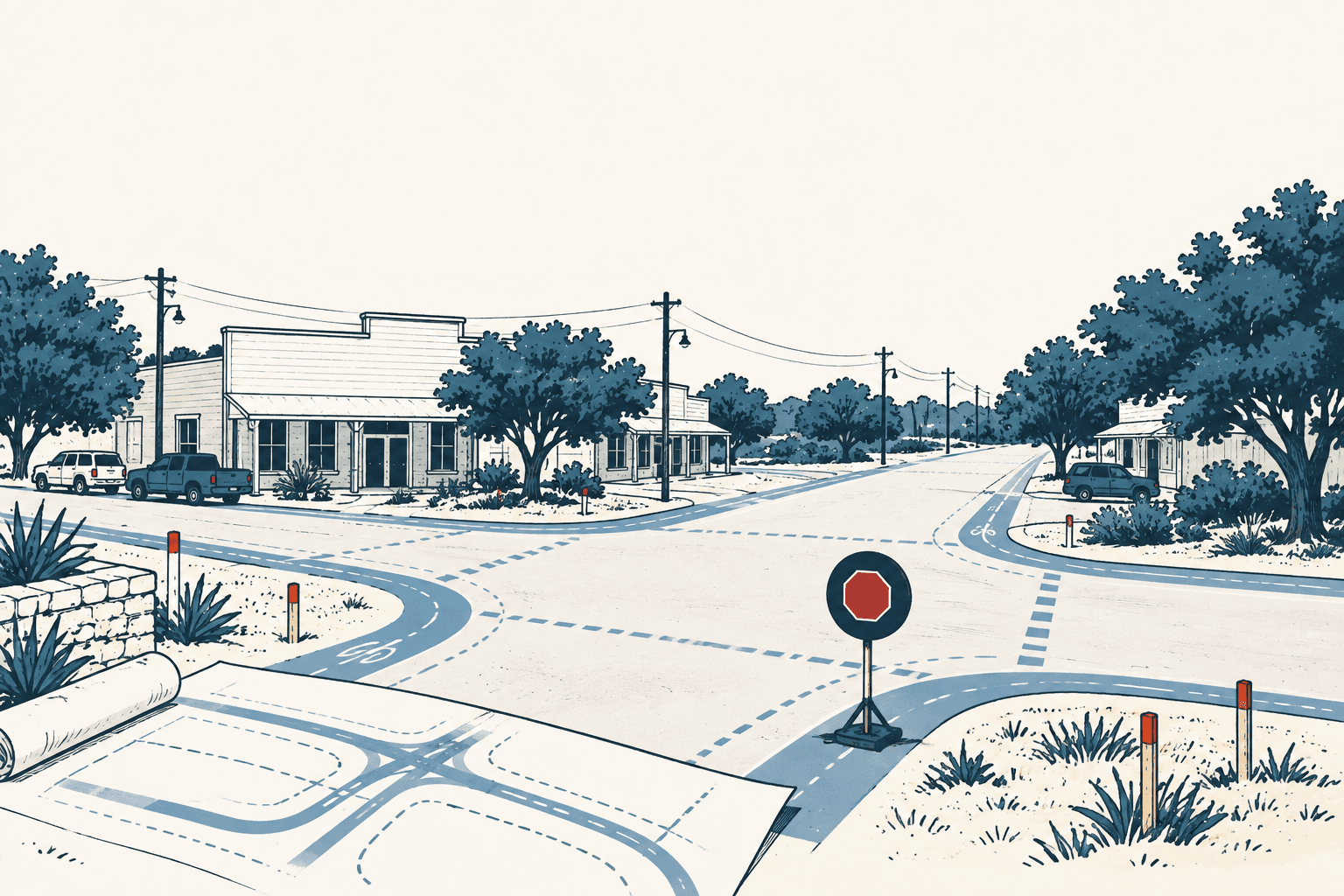Stylized cream, navy and muted-blue illustration of a small-town intersection with bike lanes, sidewalks, storefronts, trees, utility poles and an open design plan in the foreground.