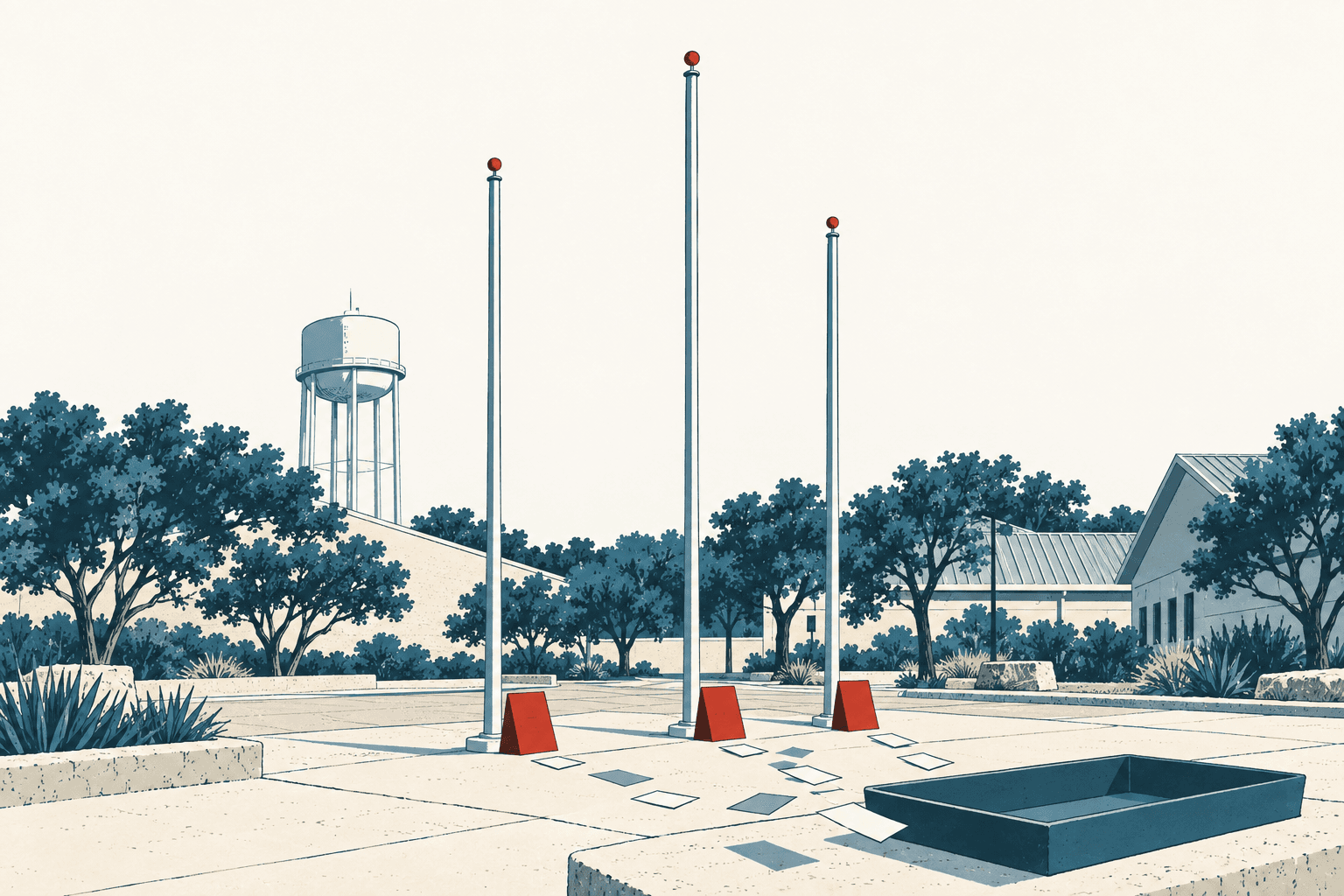 Airy cream and muted-blue editorial illustration of three empty flagpoles, scattered ballots and red markers in a landscaped civic plaza.