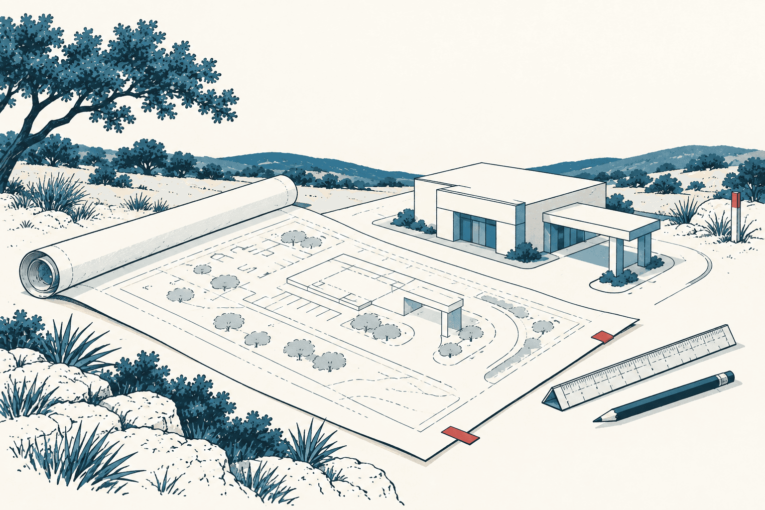 Rolled architectural plans, a ruler and a pencil surround a site drawing and model of a modern bank with a covered drive-through amid scrubby Hill Country terrain.