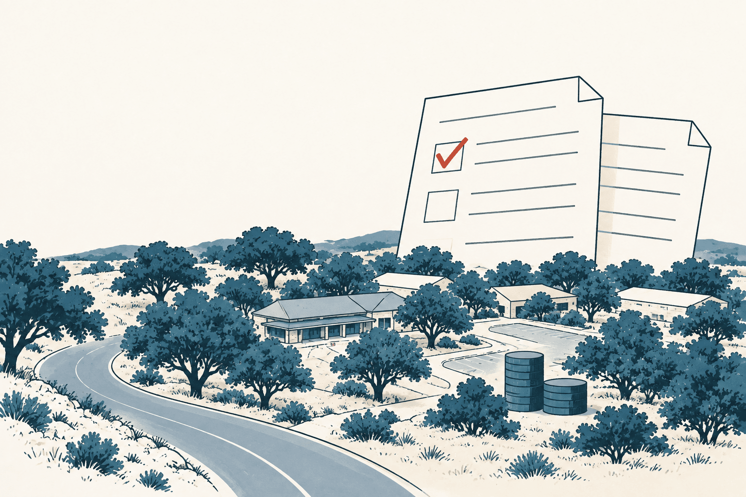 Stylized cream and muted-blue illustration of a civic complex surrounded by trees, with oversized budget documents and a red check mark in the background.