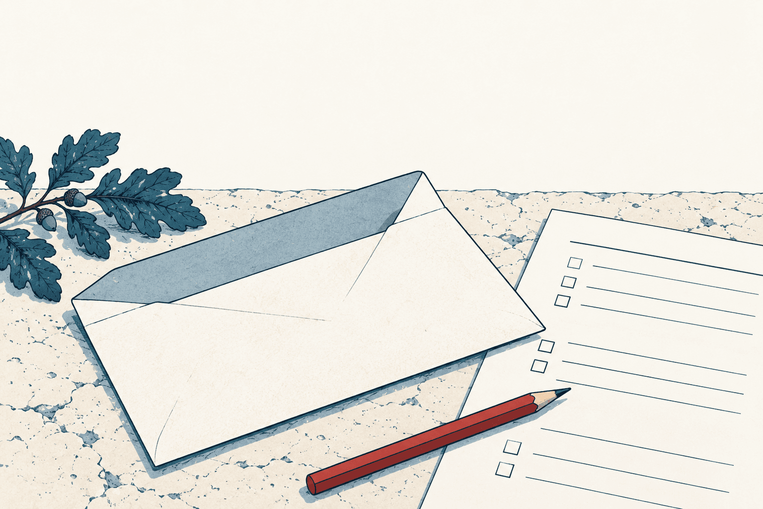 A cream envelope lies beside a blank checklist and red pencil, with blue oak leaves at the edge.