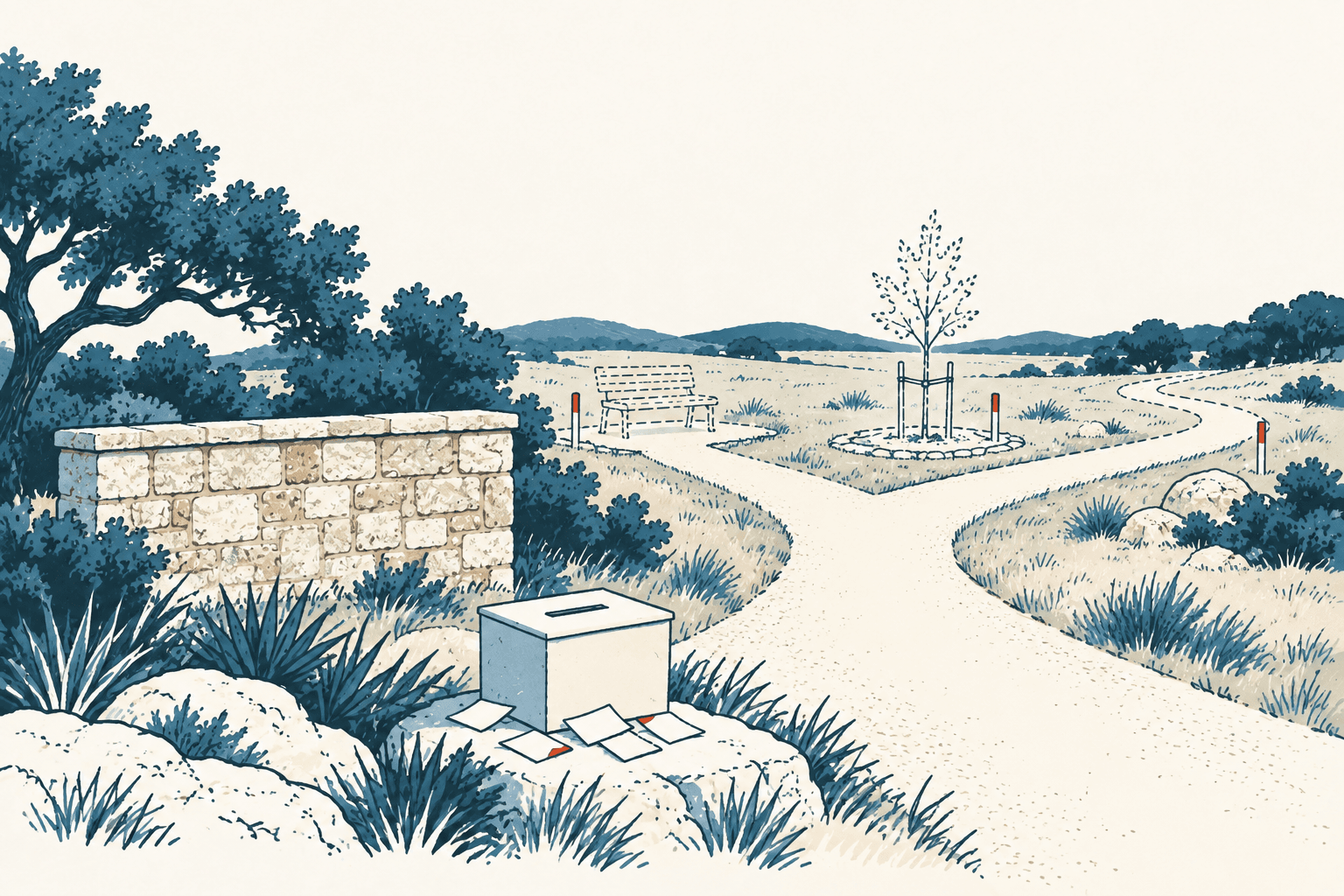 Stylized cream, navy and muted-blue illustration of a ballot box with papers near a stone wall and branching park paths, with a bench, young tree and hills in the distance.