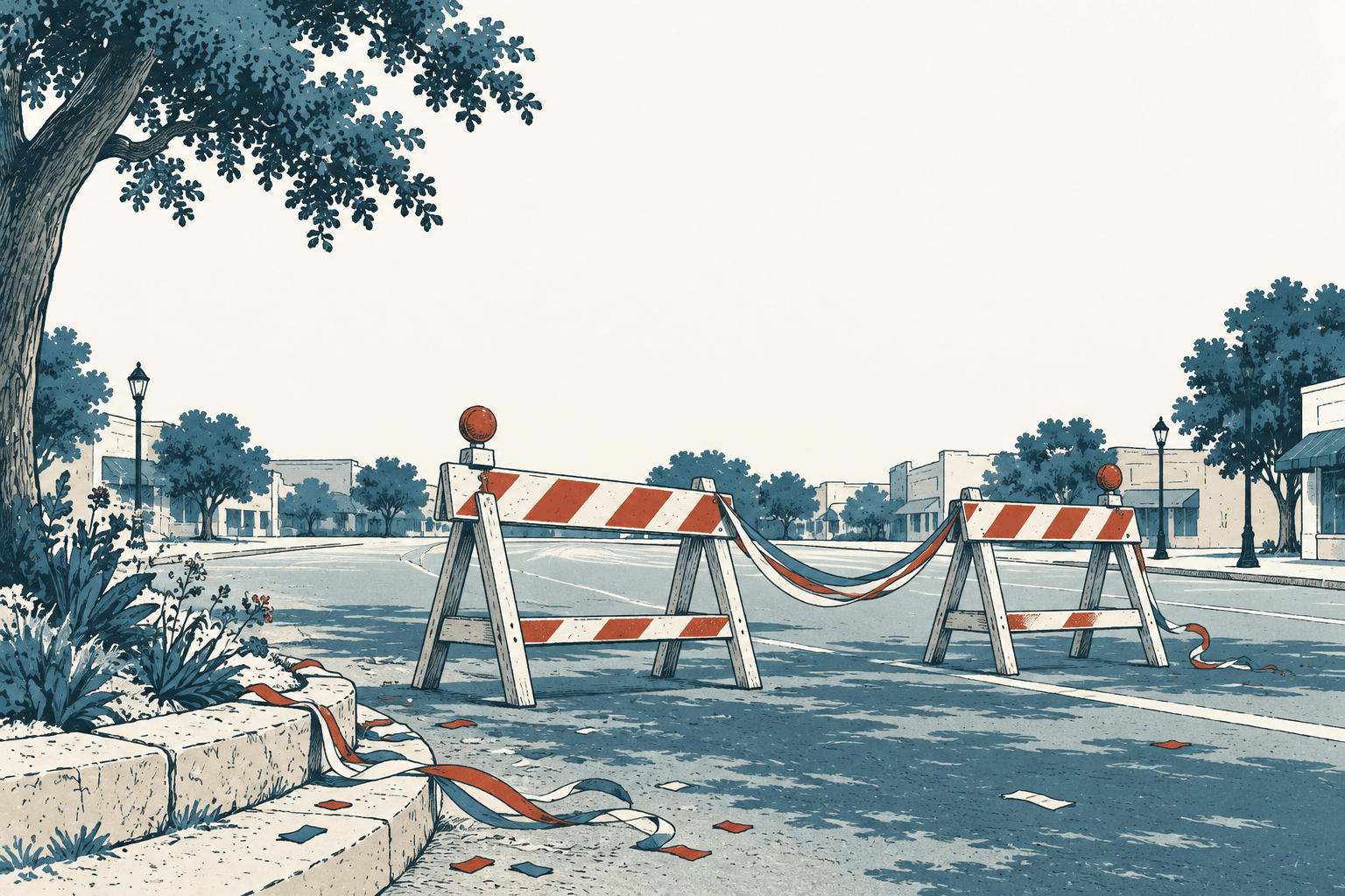Red-and-white barricades and loose streamers block an empty downtown street lined with trees, storefronts and lampposts.