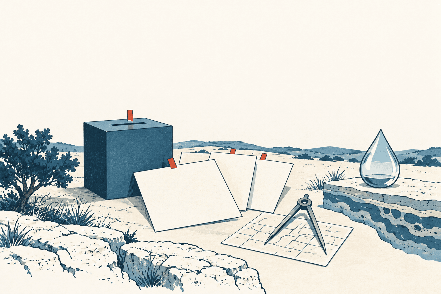 Stylized cream-and-blue illustration of a ballot box, blank papers, a mapping compass and a water drop arranged in a rocky Texas landscape.
