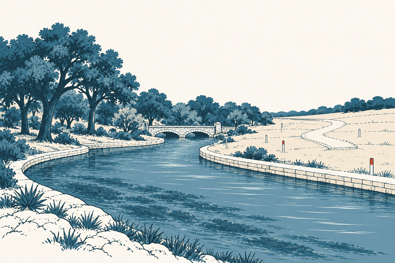 Stylized cream, navy and muted-blue landscape showing a tree-lined waterway, a small stone bridge and a winding rural road.
