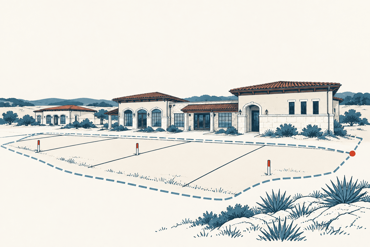 Stylized cream, navy and muted-blue illustration of a residential development behind several outlined property parcels in a Texas Hill Country landscape.
