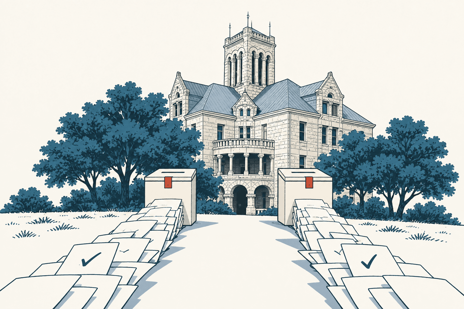 Stylized cream, navy and muted-blue illustration of checked ballots flowing from two ballot boxes in front of a historic county courthouse.