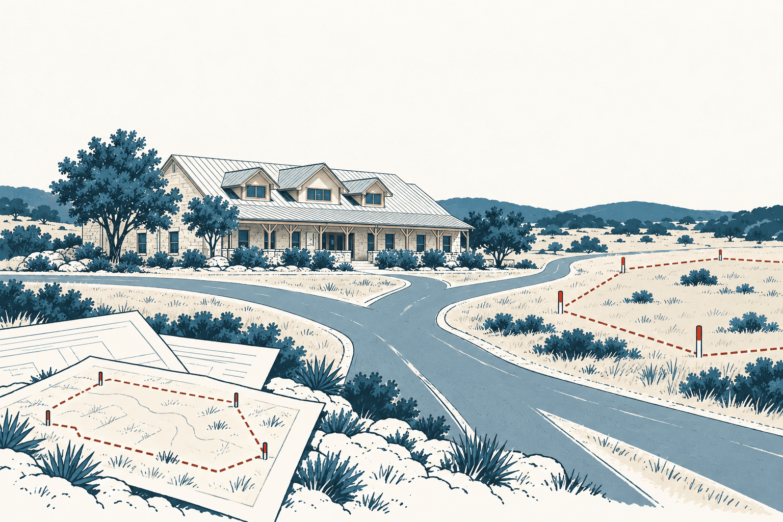 Stylized illustration of a Hill Country home beside branching roads and open land, with site plans and red-dashed property boundaries in the foreground.