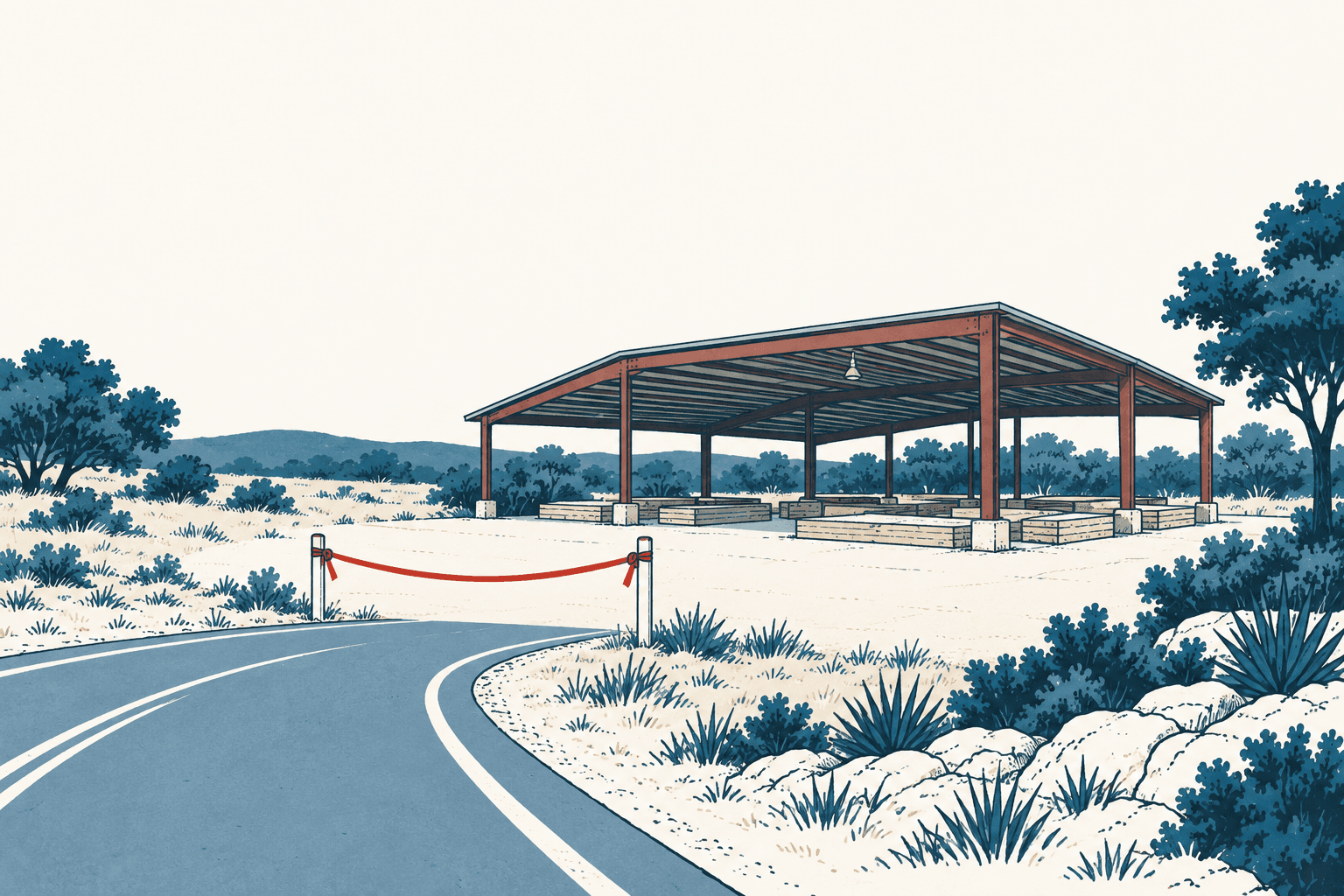 Editorial illustration of a red ribbon blocking a curving road beside an open-air pavilion in a cream, navy and muted-blue Hill Country landscape.