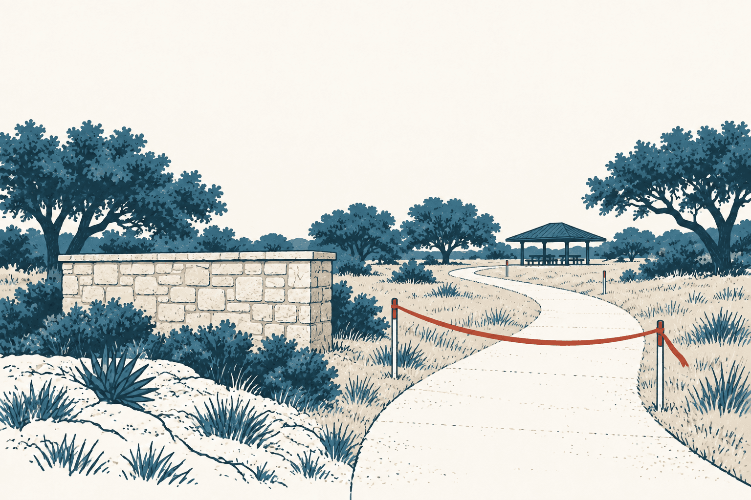 Airy cream and muted-blue illustration of a winding park path blocked by a red rope, with a stone wall, trees and a distant picnic pavilion.