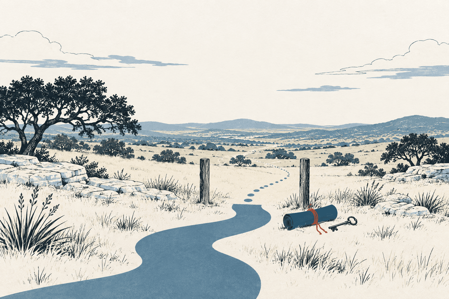 Hand-drawn cream, navy and muted-blue landscape with a winding trail, fence posts, a rolled document tied in rust-colored cord, and a key.