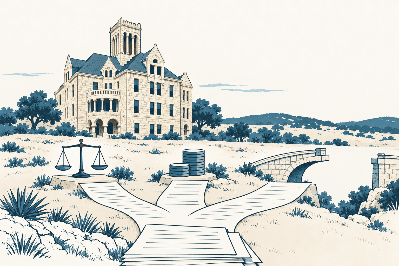 Stylized cream, navy and muted-blue illustration of a county courthouse behind scales of justice, stacks of coins, financial documents and a stone bridge.