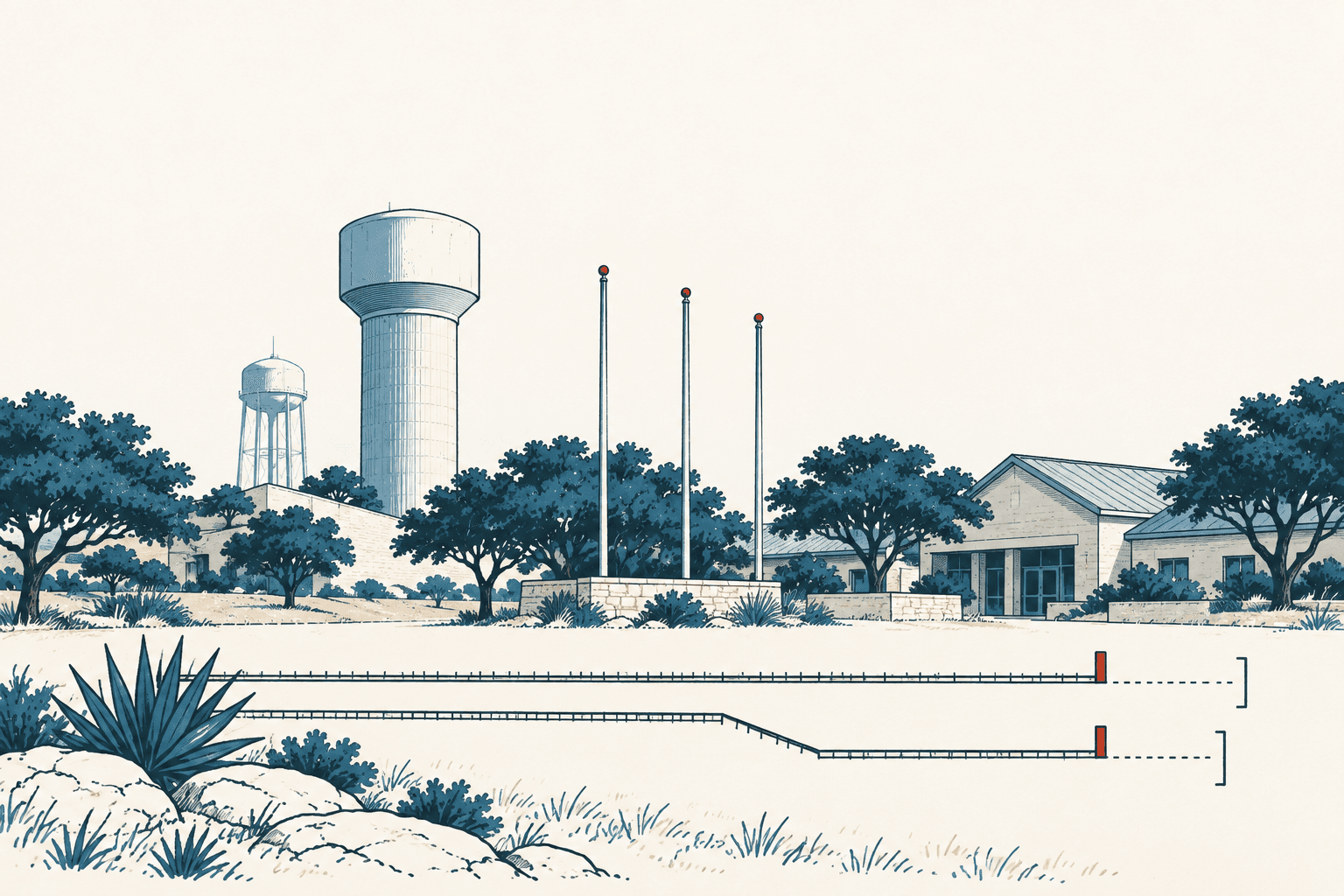 Airy cream, navy and muted-blue illustration of a Hill Country municipal complex with water towers, trees and two simple comparison lines suggesting city tax estimates.