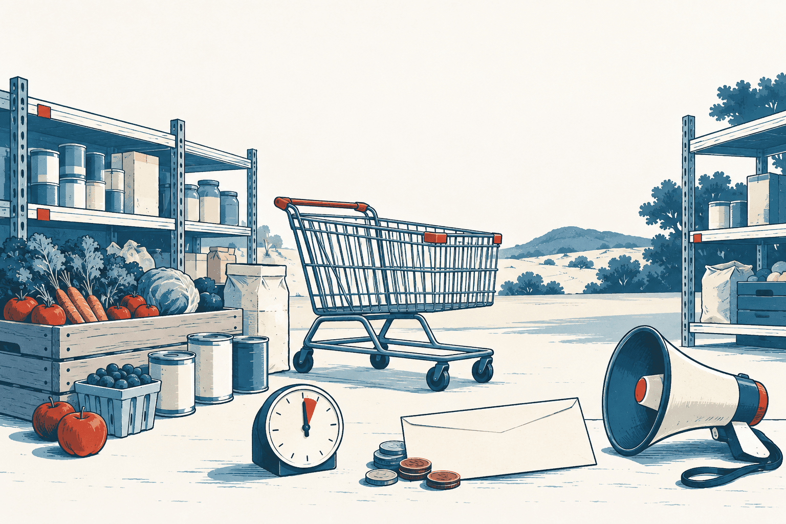 An empty shopping cart stands between shelves of food, with fresh produce, canned goods, coins, a scale, an envelope and a megaphone arranged in the foreground.