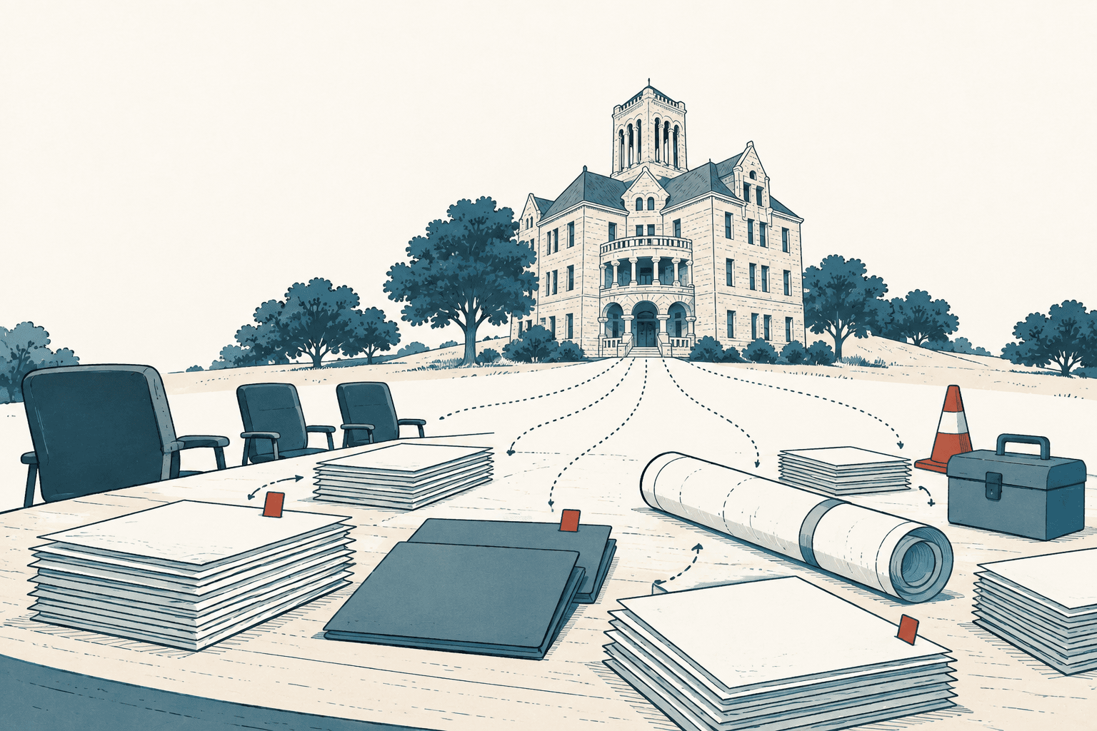 Illustrated county courthouse behind a table covered with document stacks, folders, blueprints, office chairs, a traffic cone and a toolbox, with dotted arrows connecting the materials to the building.